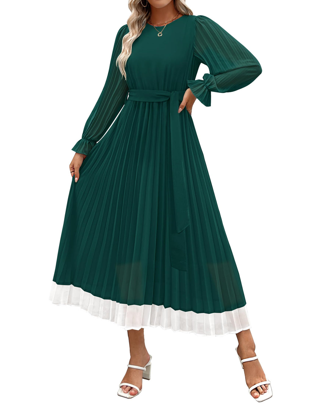 Luxuii Chiffon Crew Neck Pleated A Line Flowy Midi Dresses