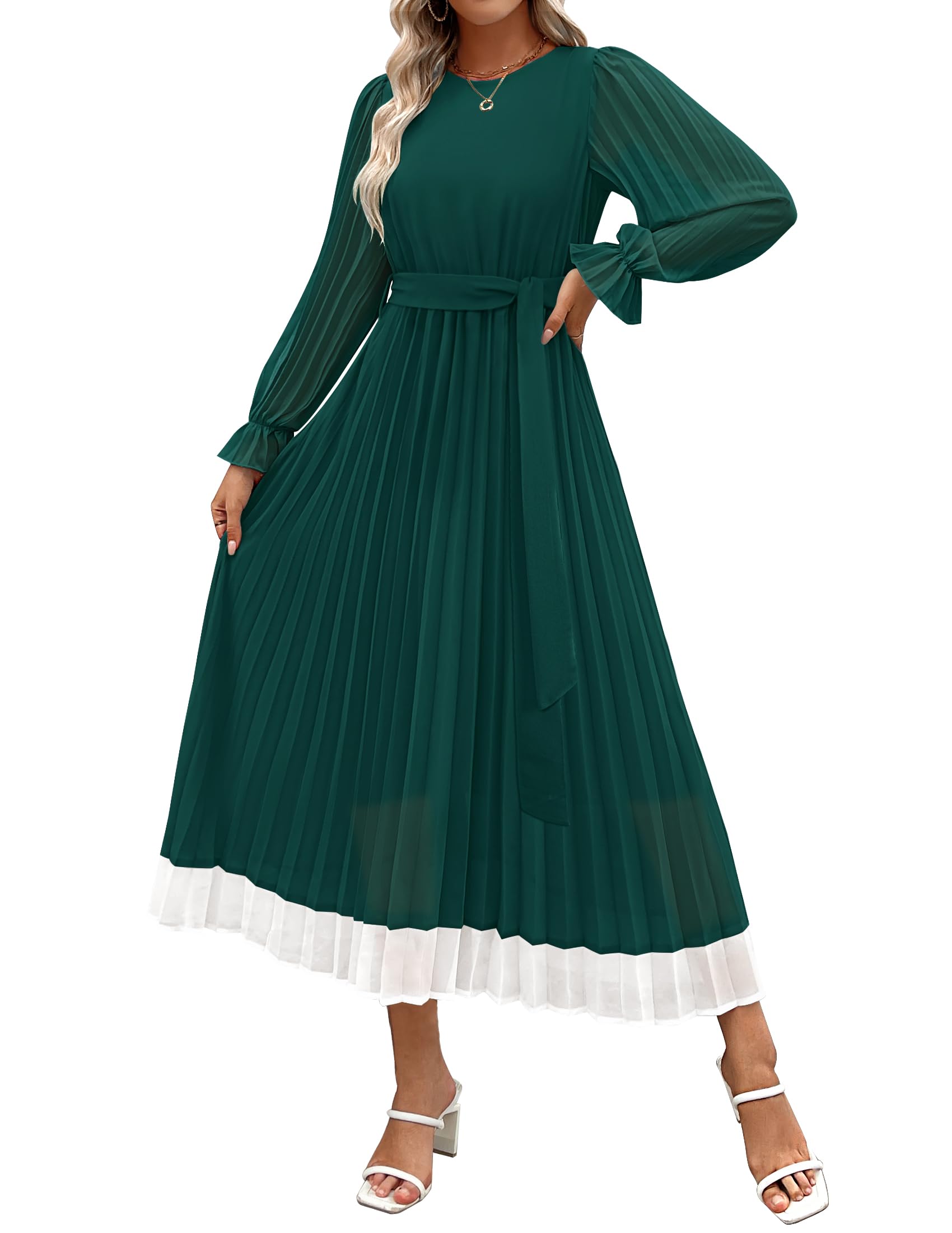 Luxuii Chiffon Crew Neck Pleated A Line Flowy Midi Dresses