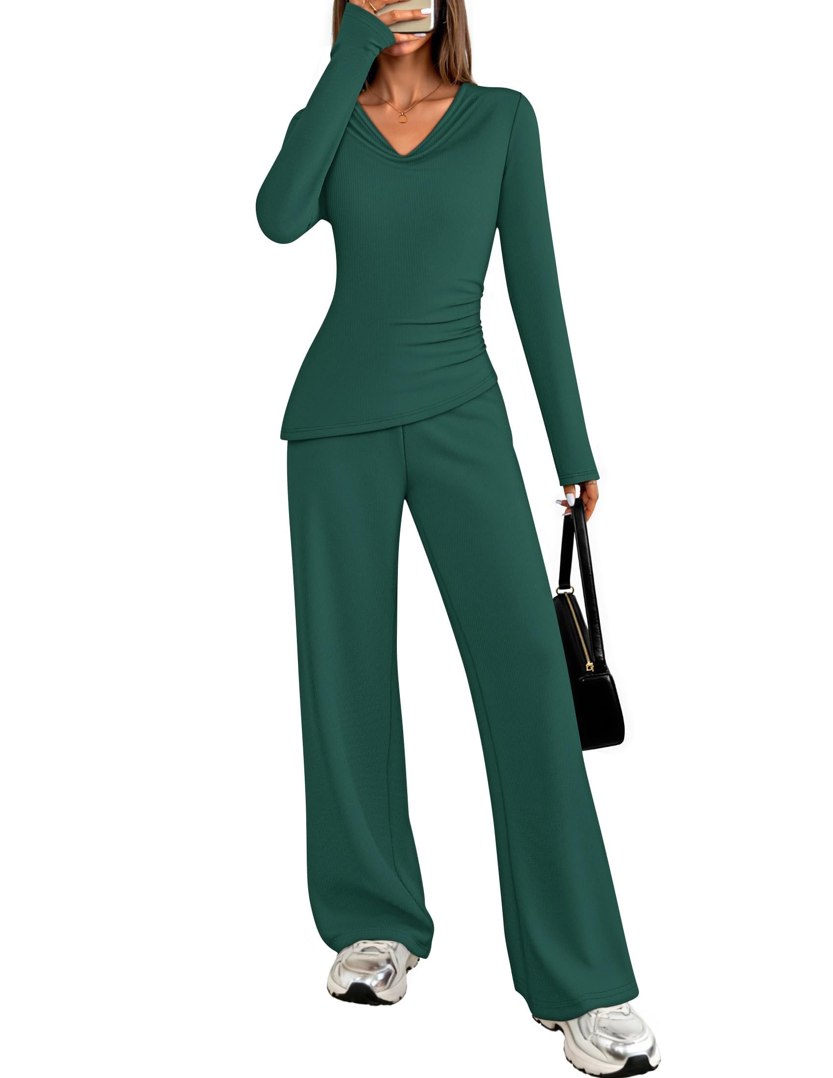 Luxuii Long Sleeve Cowl Neck Asymmetrical Top Wide Leg Pants Matching Set