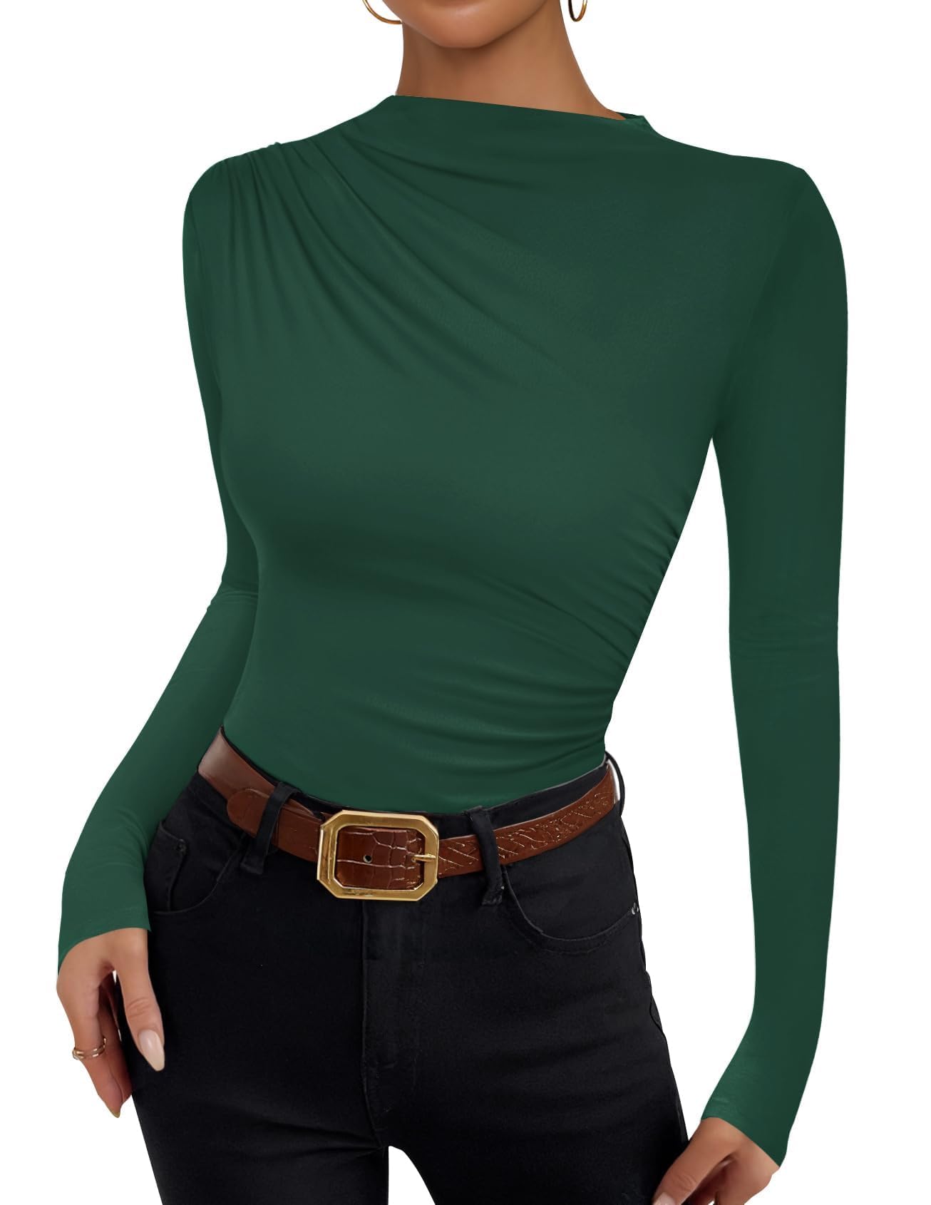 Luxuii Women's Long Sleeve Tops Mock Neck Ruched Tight Shirts