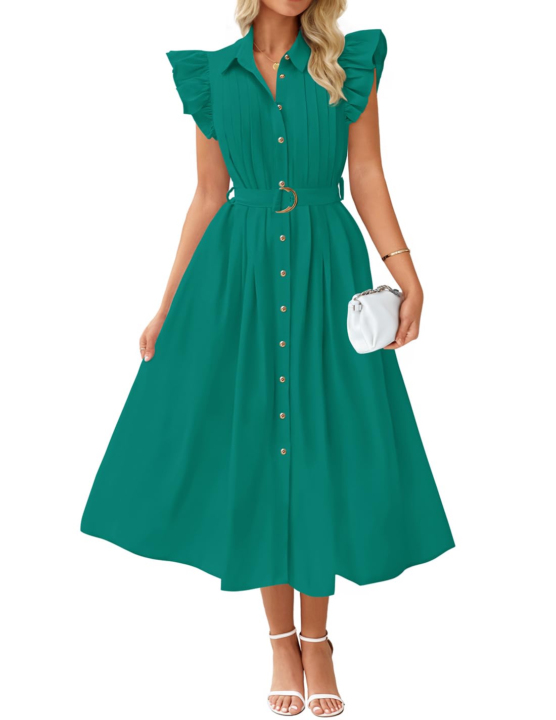 Luxuii Boho Button Casual V Neck Flutter Sleeve Belted Long Dresses