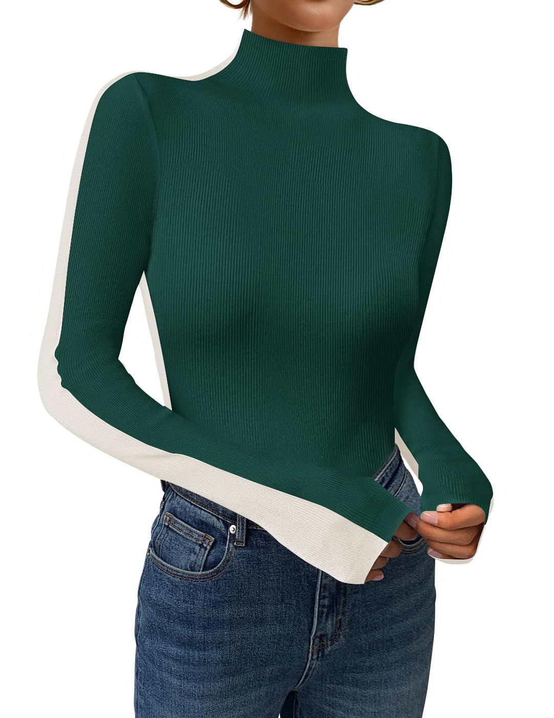 Luxuii Color Block Ribbed Knit Shirts Basic Slim Fit Pullover Tops