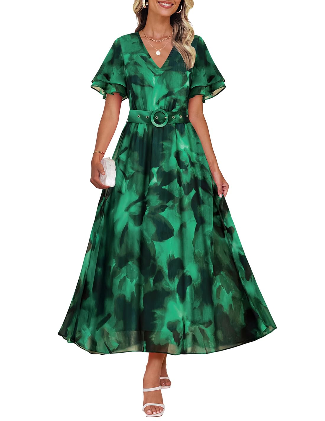 Luxuii Floral Print Short Sleeve V Neck High Waist Flowy Dress