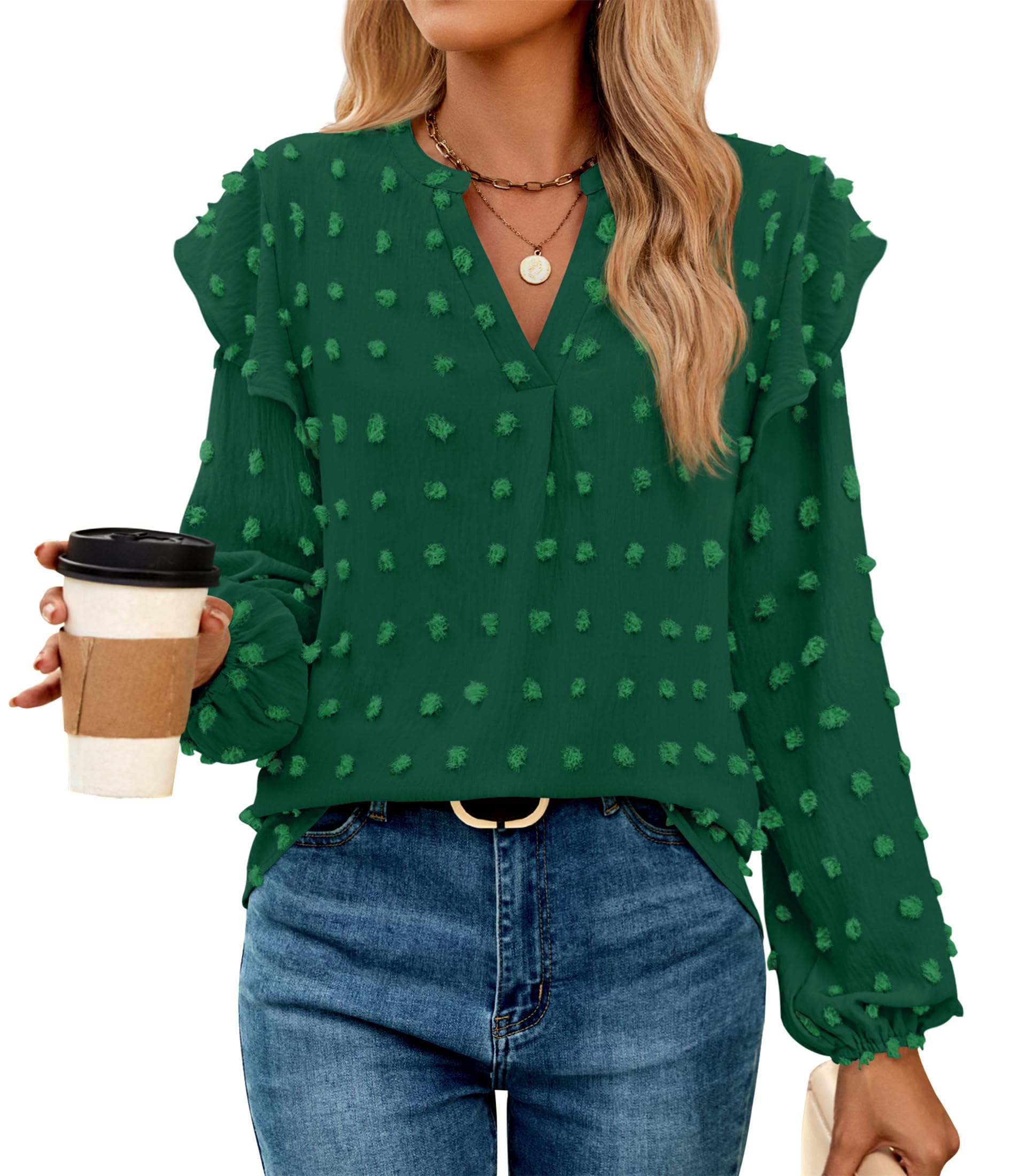 Luxuii  Chiffon Blouses V Neck Swiss Dot Casual Tunic Tops