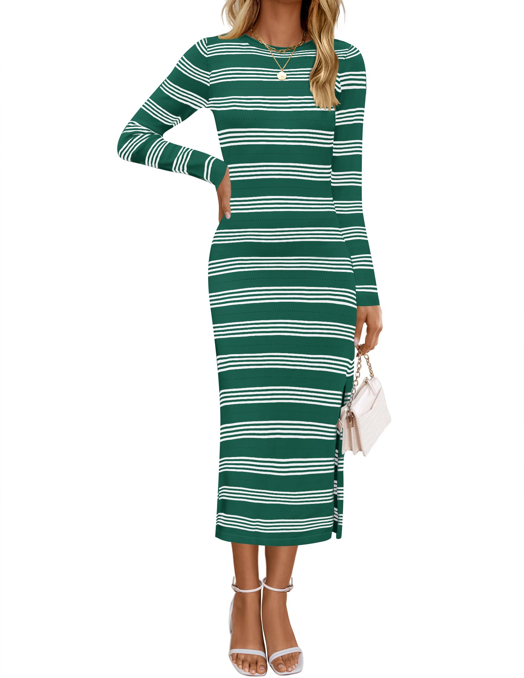 Luxuii Striped Knit Crewneck Side Slit Bodycon Sweater Dress