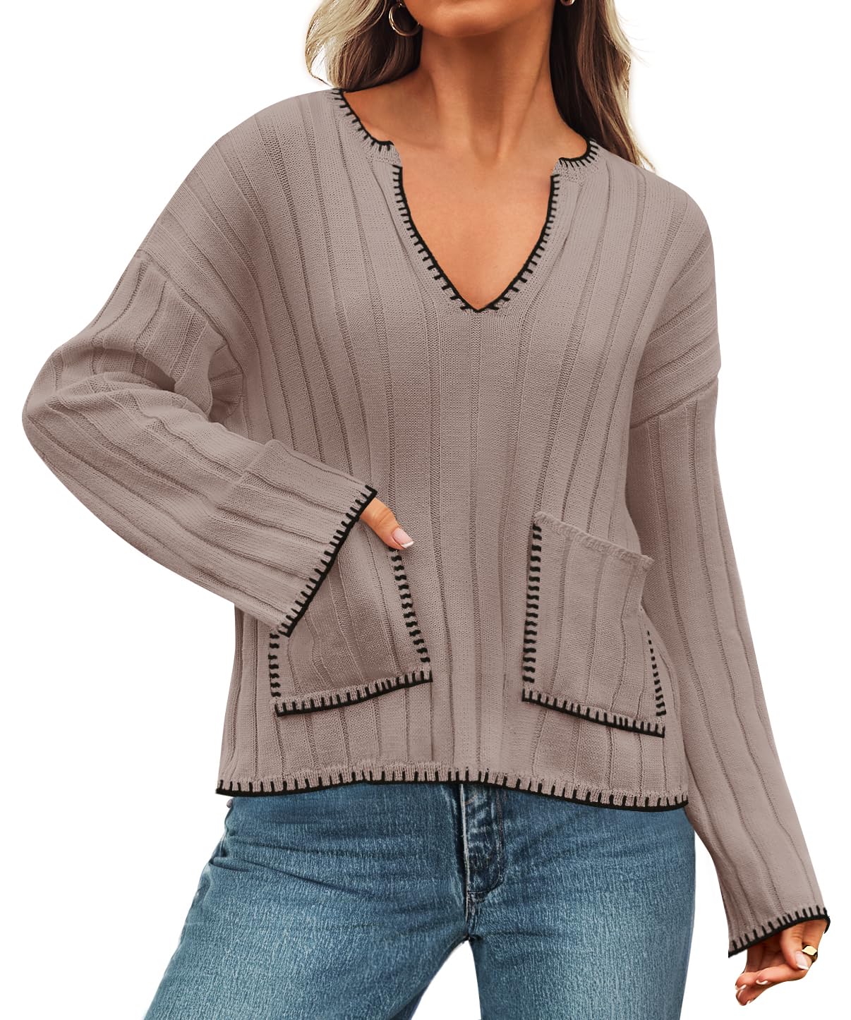 Luxuii Women's Ribbed V Neck Long Sleeve Sweaters