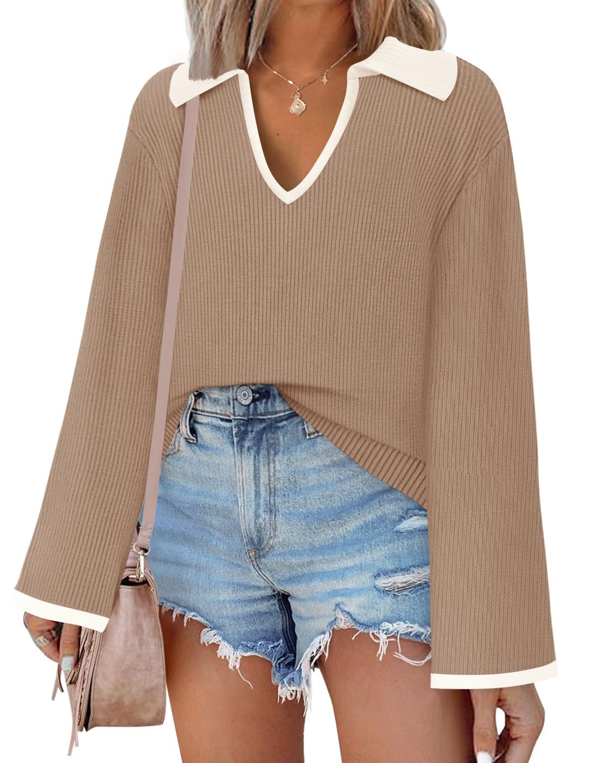 Luxuii V Neck Sweater Oversized Collared Knit Pullover Jumper Top