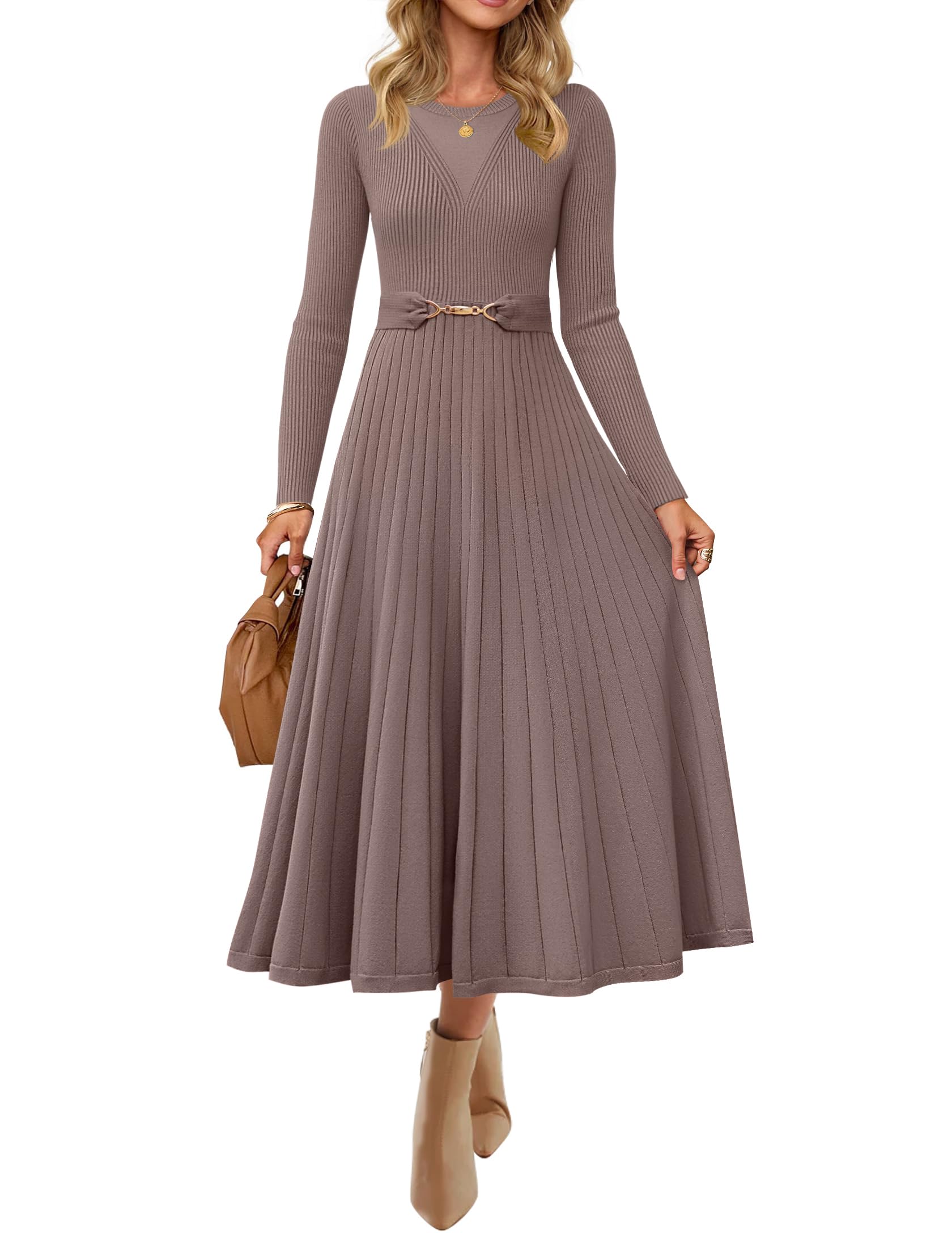 Luxuii Fall Crewneck Knit A Line Pleated Flowy Long Dresses with Belt