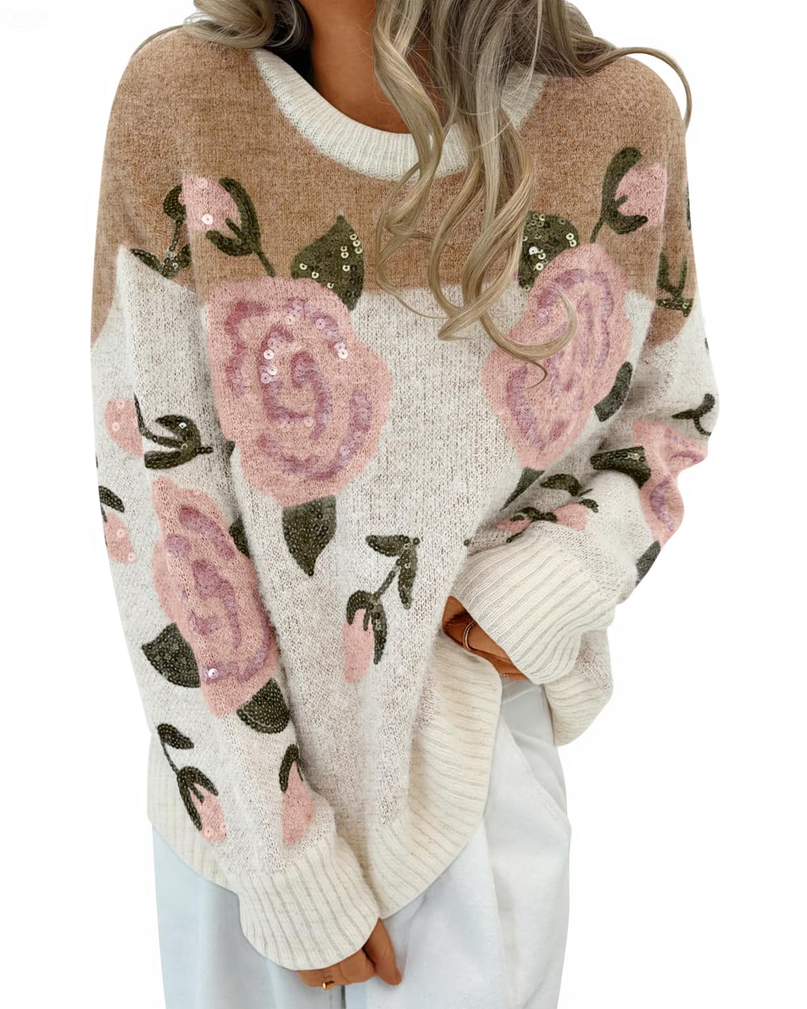 Luxuii Floral Oversized Crewneck Chunky Knit Pullover Sweater Tops