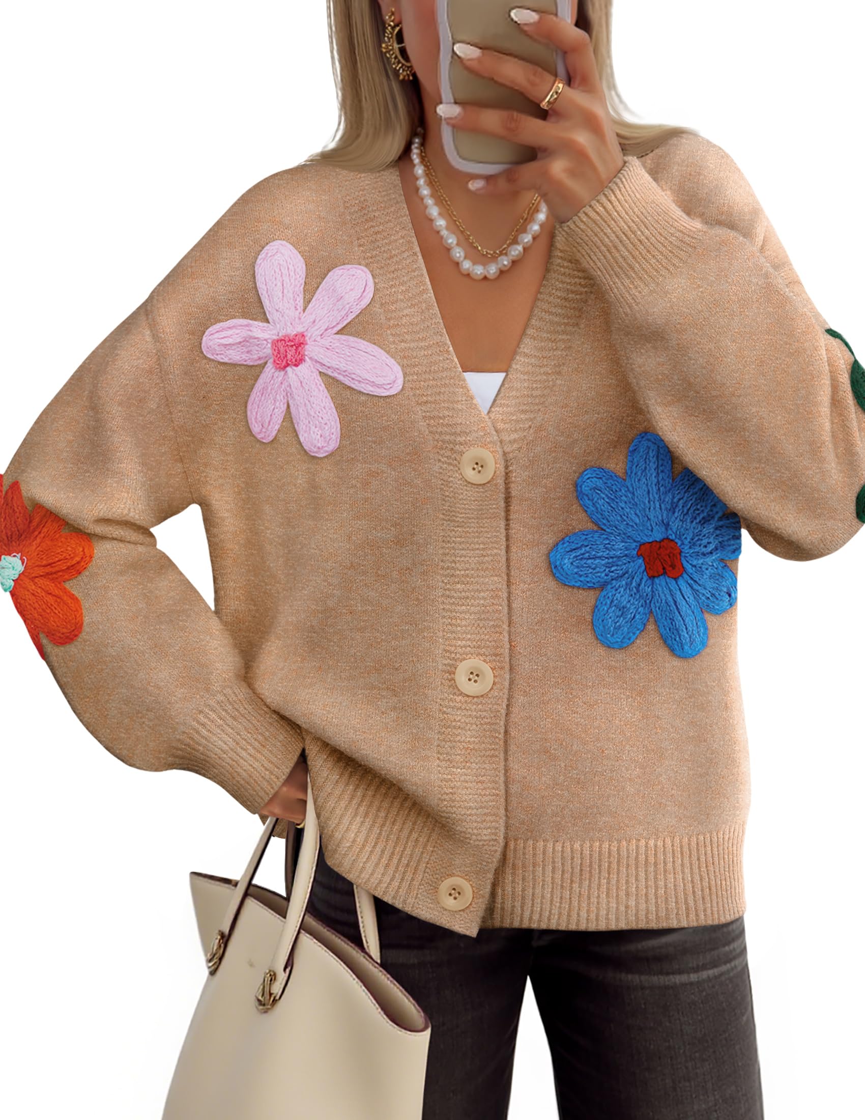 Luxuii Casual Open Front Button Down V Neck Knit Sweater