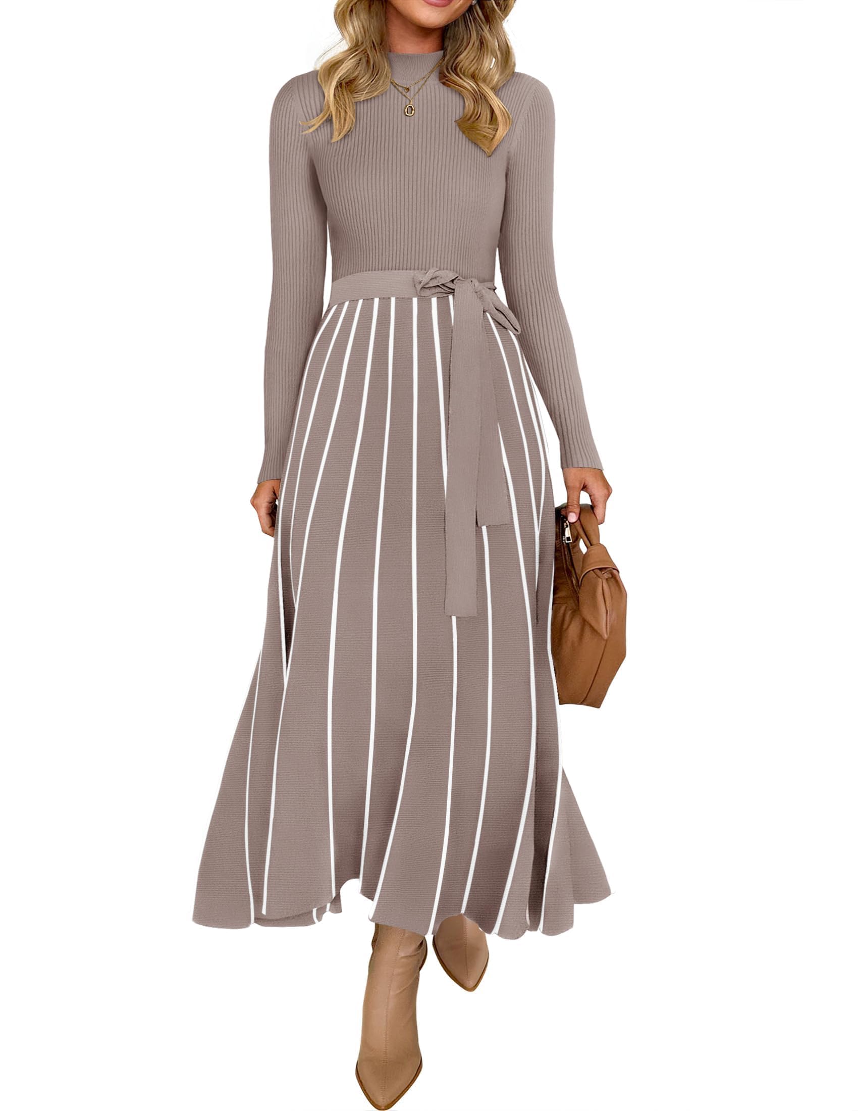 Luxuii Turtleneck Tie Waist Ribbed Knit A Line Midi Dresses