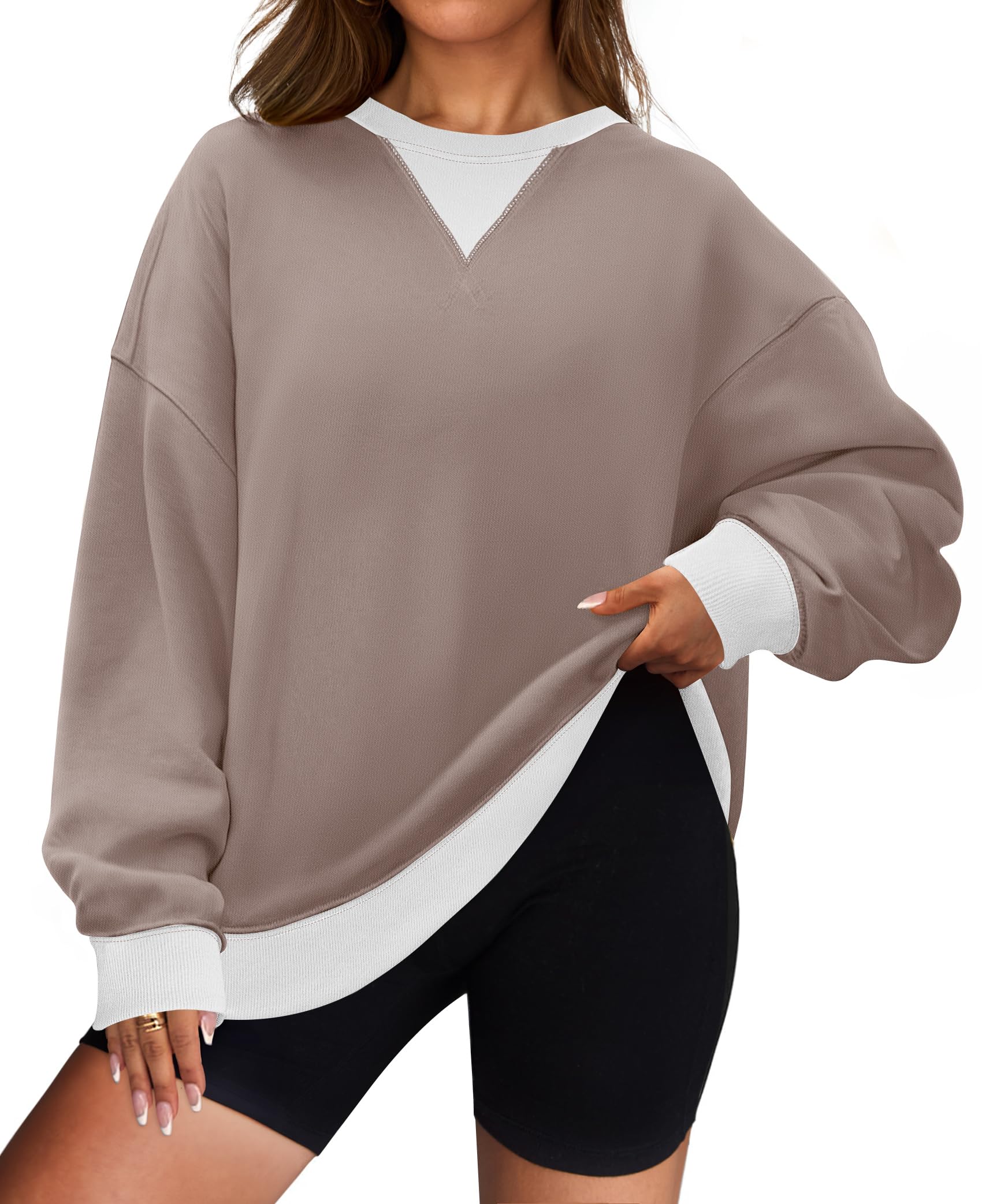 Luxuii Womens Crewneck Color Block Oversized Long Sleeve Pullover Tops Fall Clothes