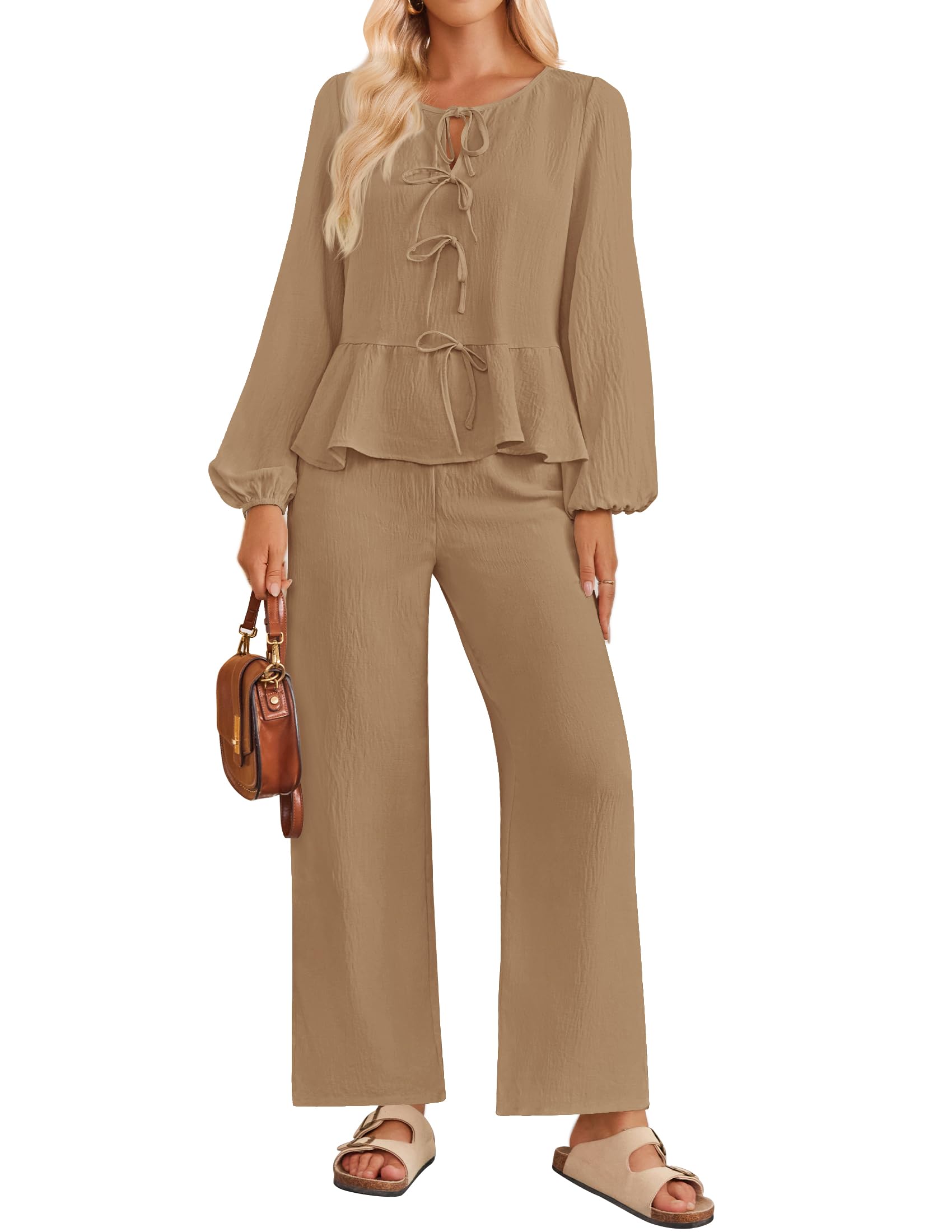 Luxuii  Long Sleeve Tie Front Top and Wide Leg Pants Pajama Sets