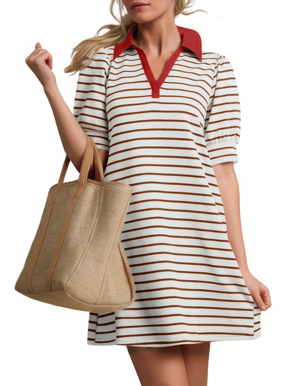 Luxuii Striped Lapel V Neck Short Sleeve Flowy A Line T Shirt Dress