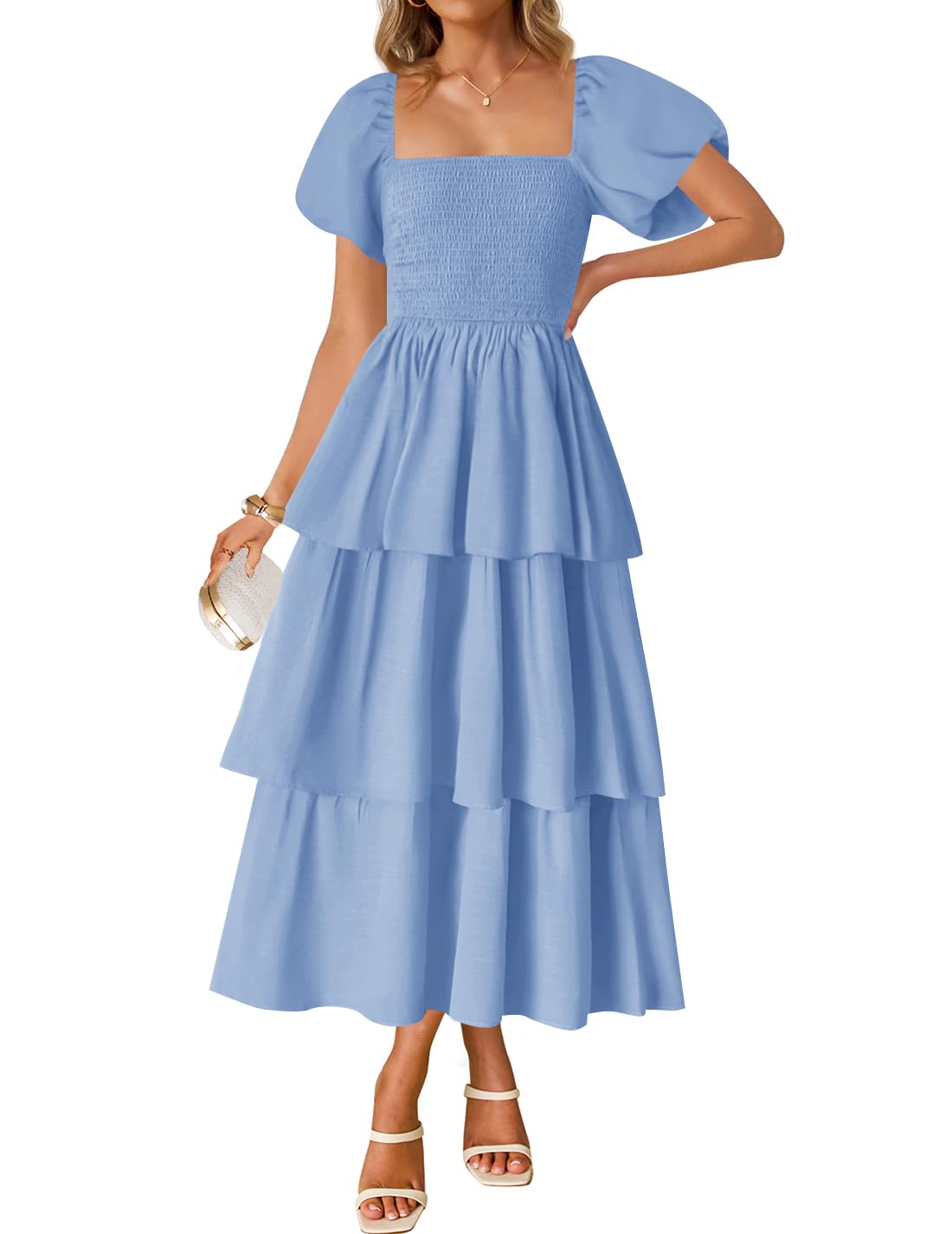 Luxuii Boho Short Puff Sleeve Flowy A Line Tiered Dresses