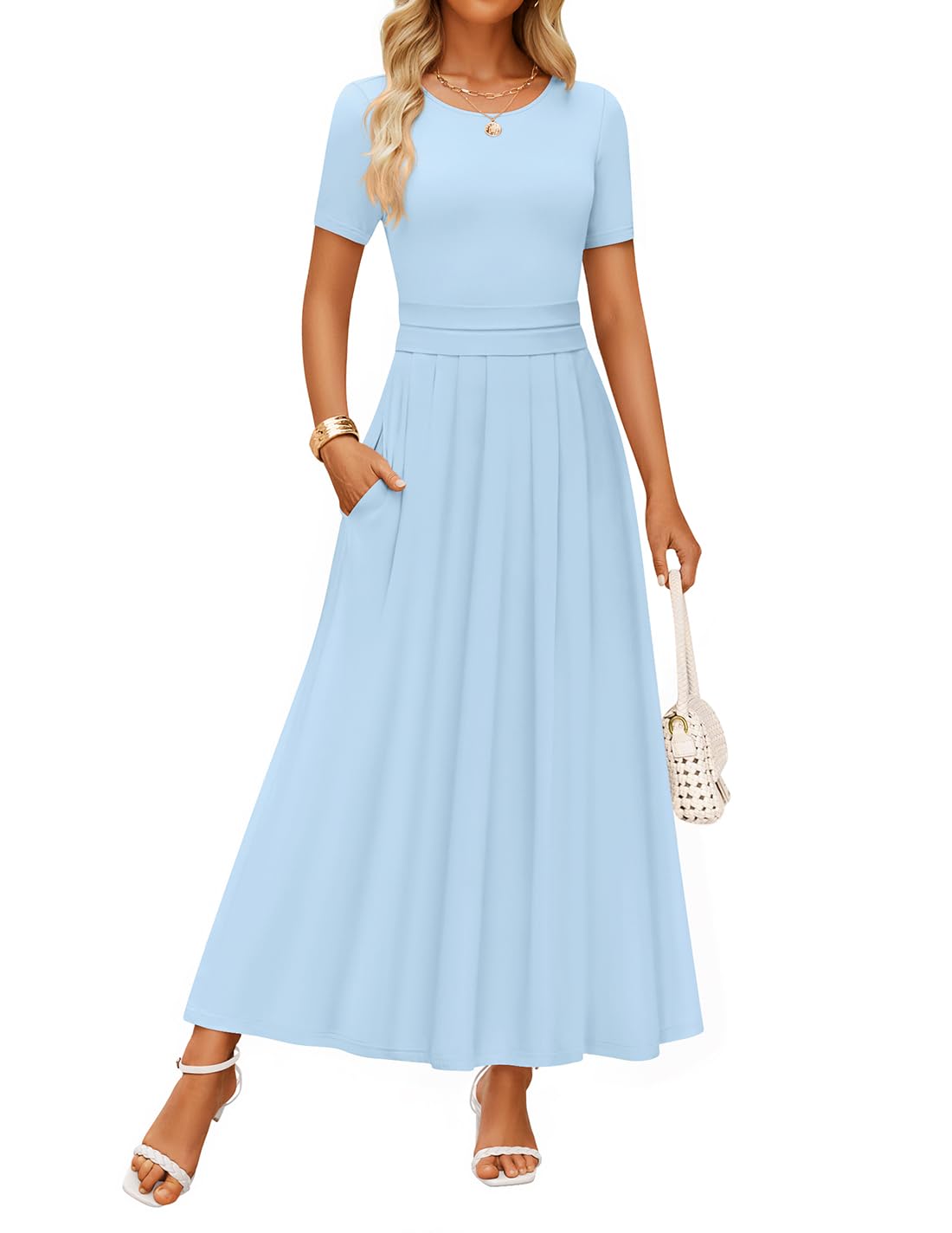 Luxuii Short Sleeve Crewneck Pleated A Line Flowy Long Dresses