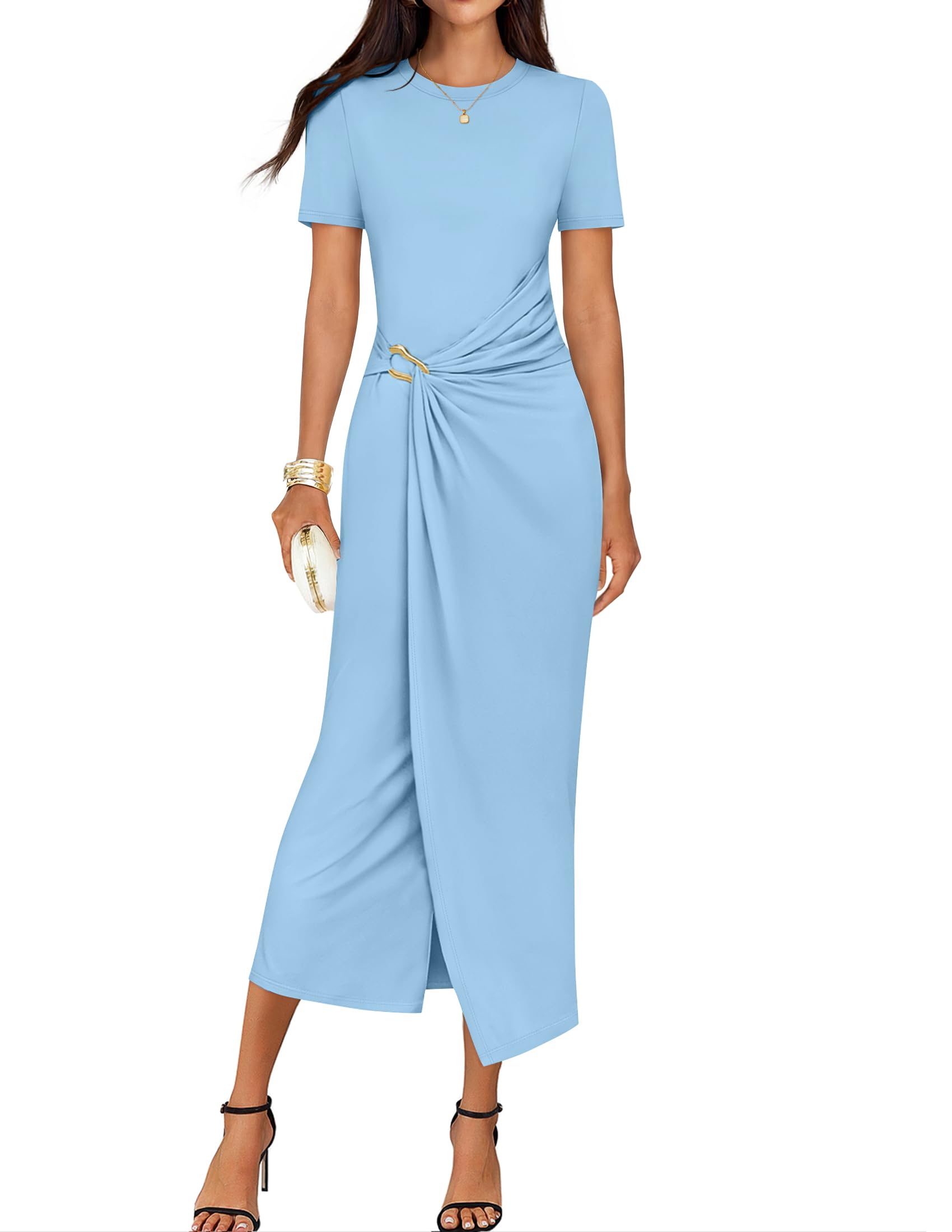 Luxuii Bodycon Crewneck Ruched Wedding Guest Cocktail Party Long Dresses