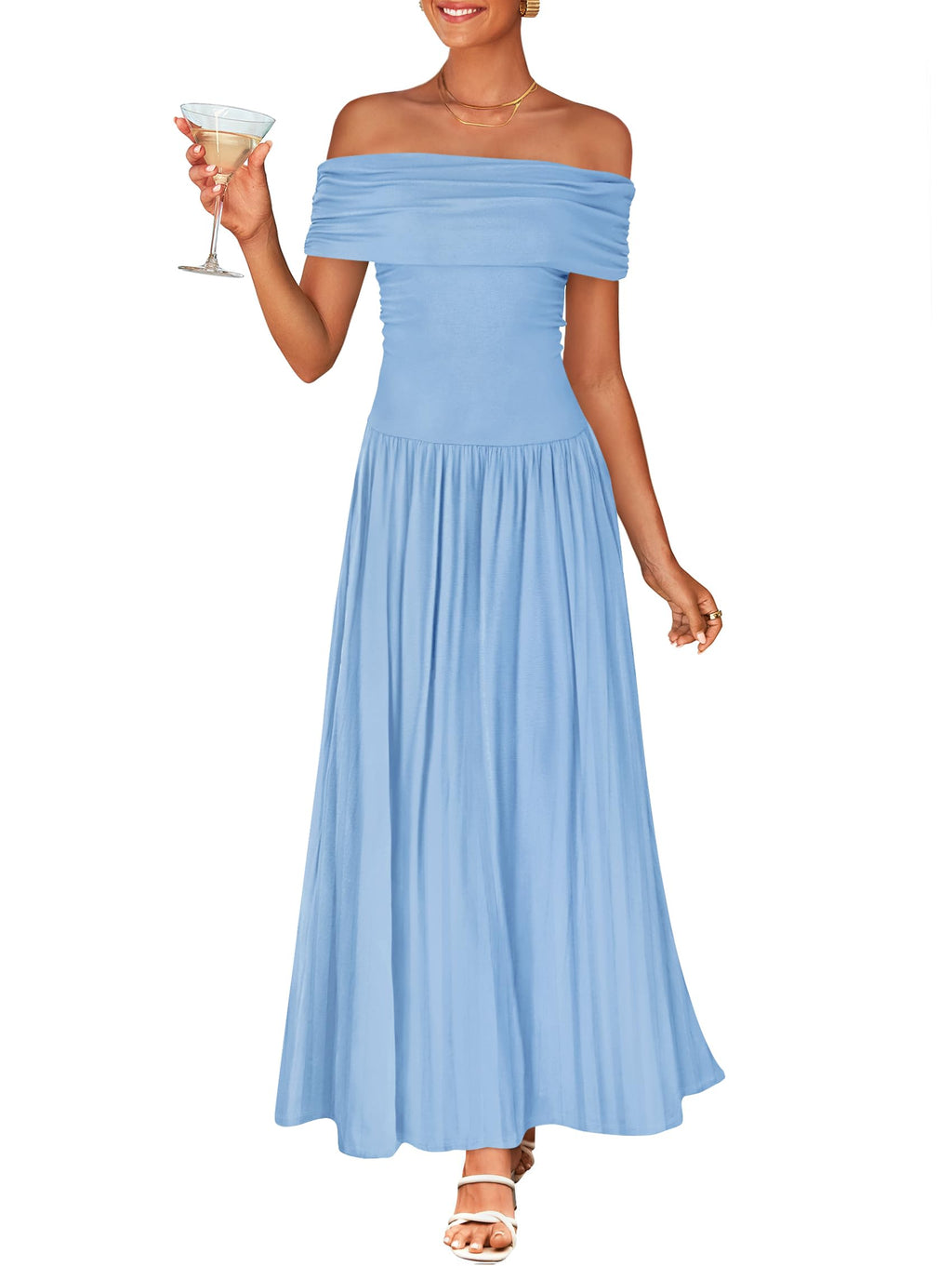 Luxuii Off The Shoulder Sleeveless Casual Slim Swing Pleated Dresses