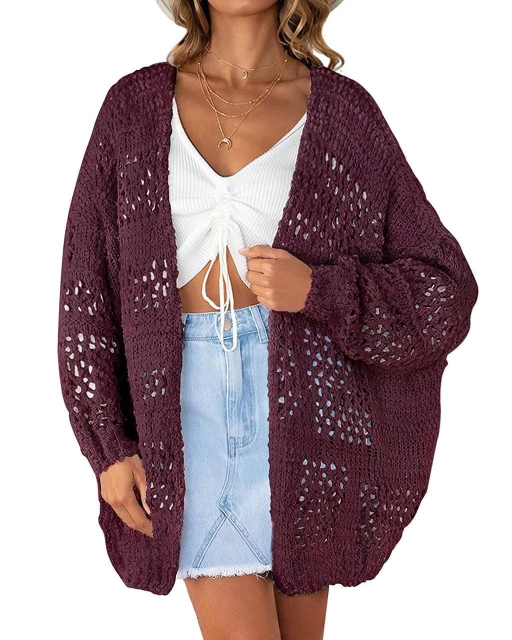 Luxuii Batwing Sleeve Crochet Hollow Cardigan