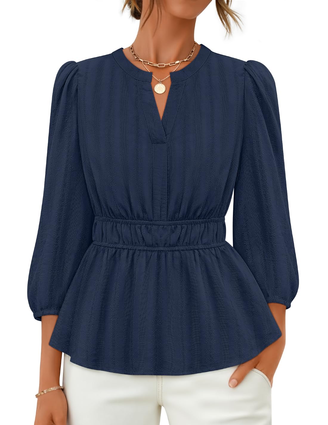 Luxuii 3/4 Length Sleeve V Neck Peplum Blouses Dressy Work Shirts