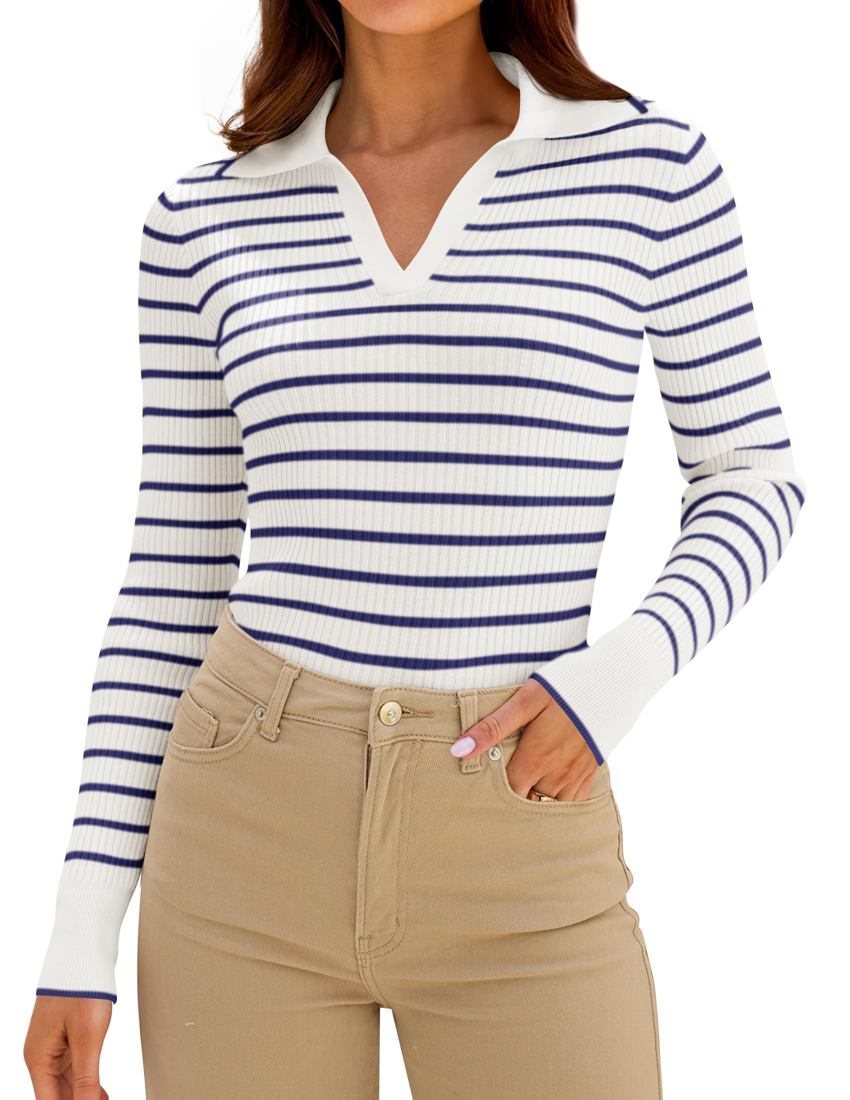 Luxuii V Neck Knit Tops Striped  Slim Fit Casual Tops