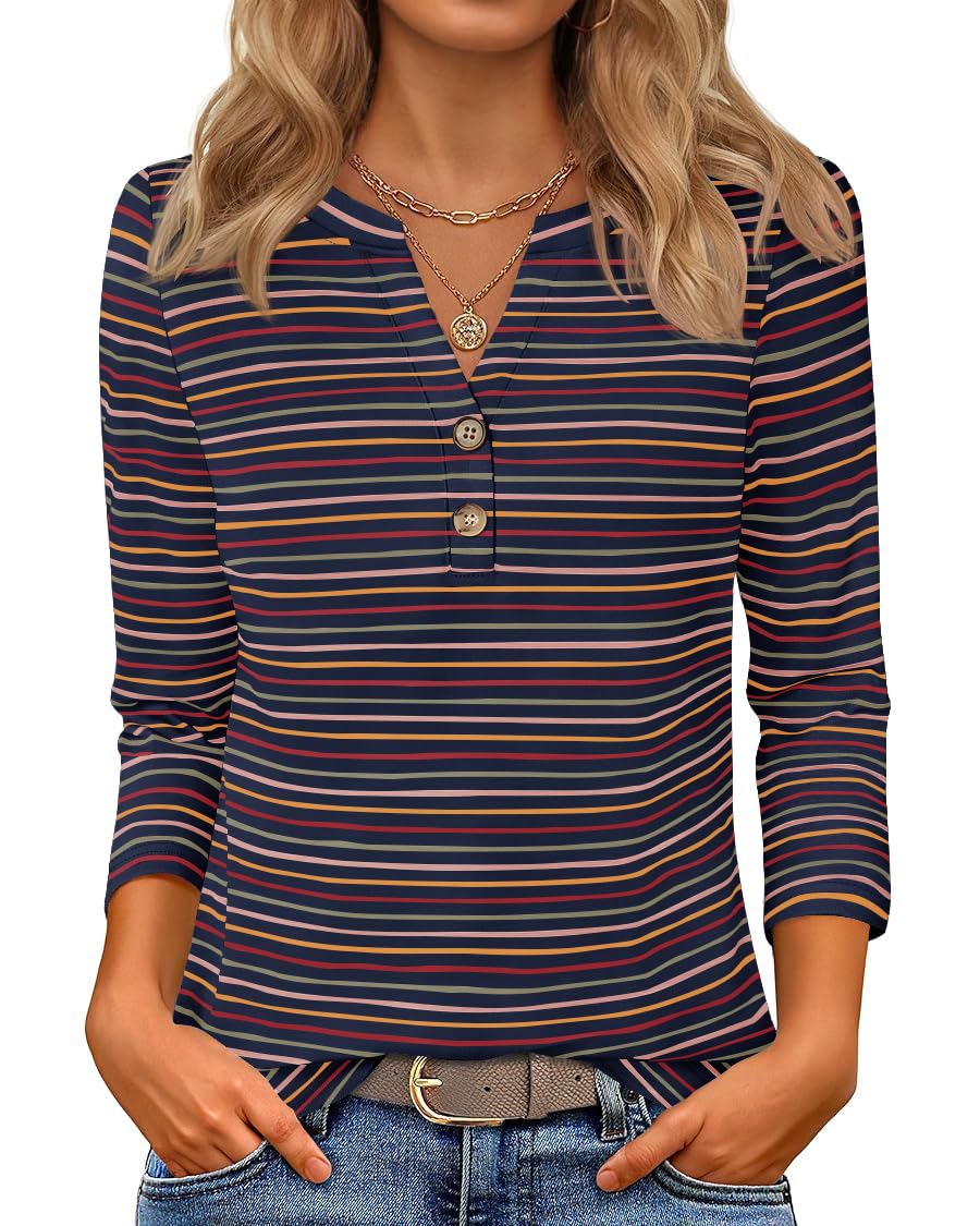 Luxuii Boho Striped Henley Shirts 3/4 Sleeve Tops Casual Blouses