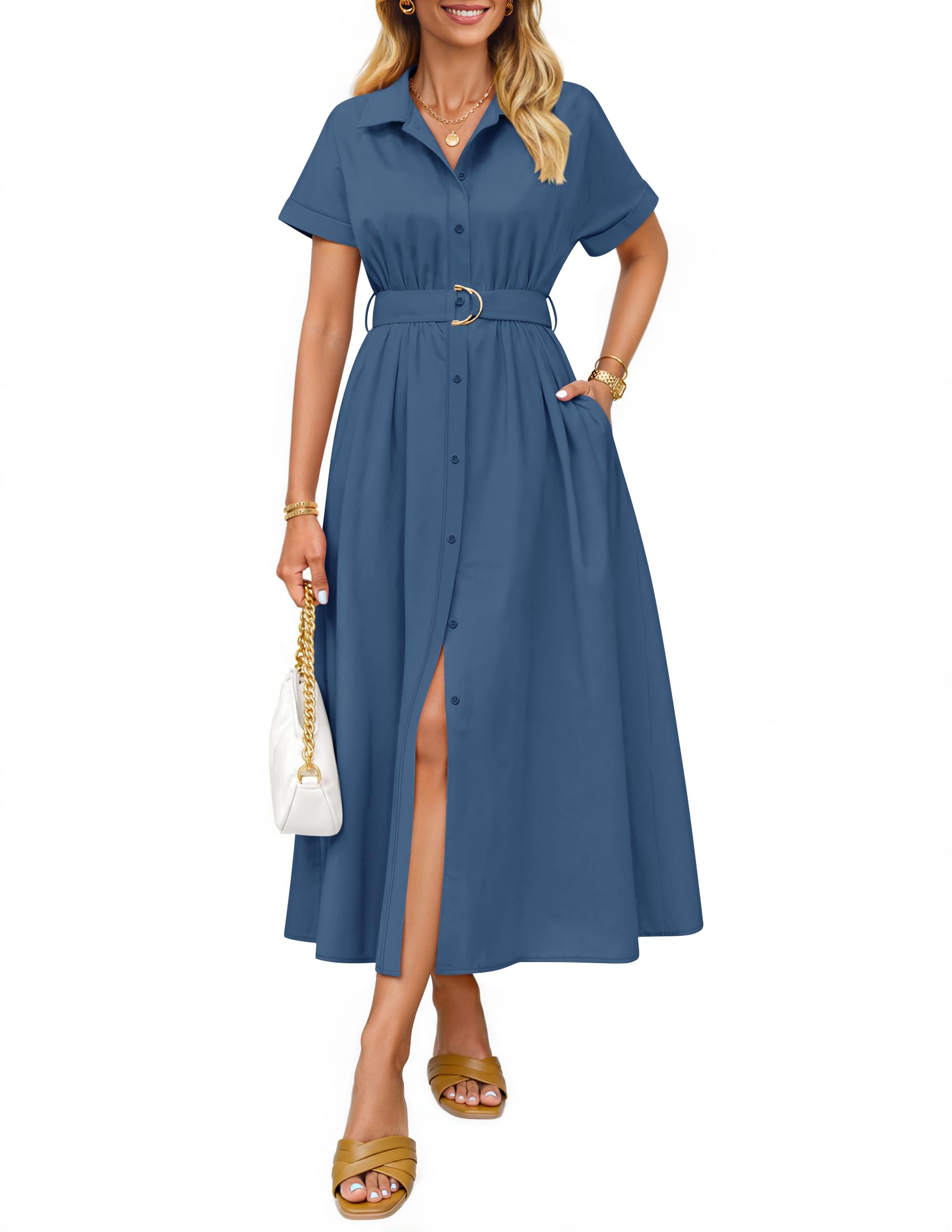 Luxuii Button Down A Line Belt Buiness Casual Shirt Dresses