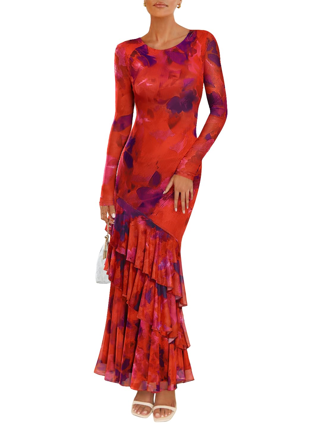 Luxuii Floral Bodycon Boho Long Sleeve Mesh Ruffle Mermaid Dress