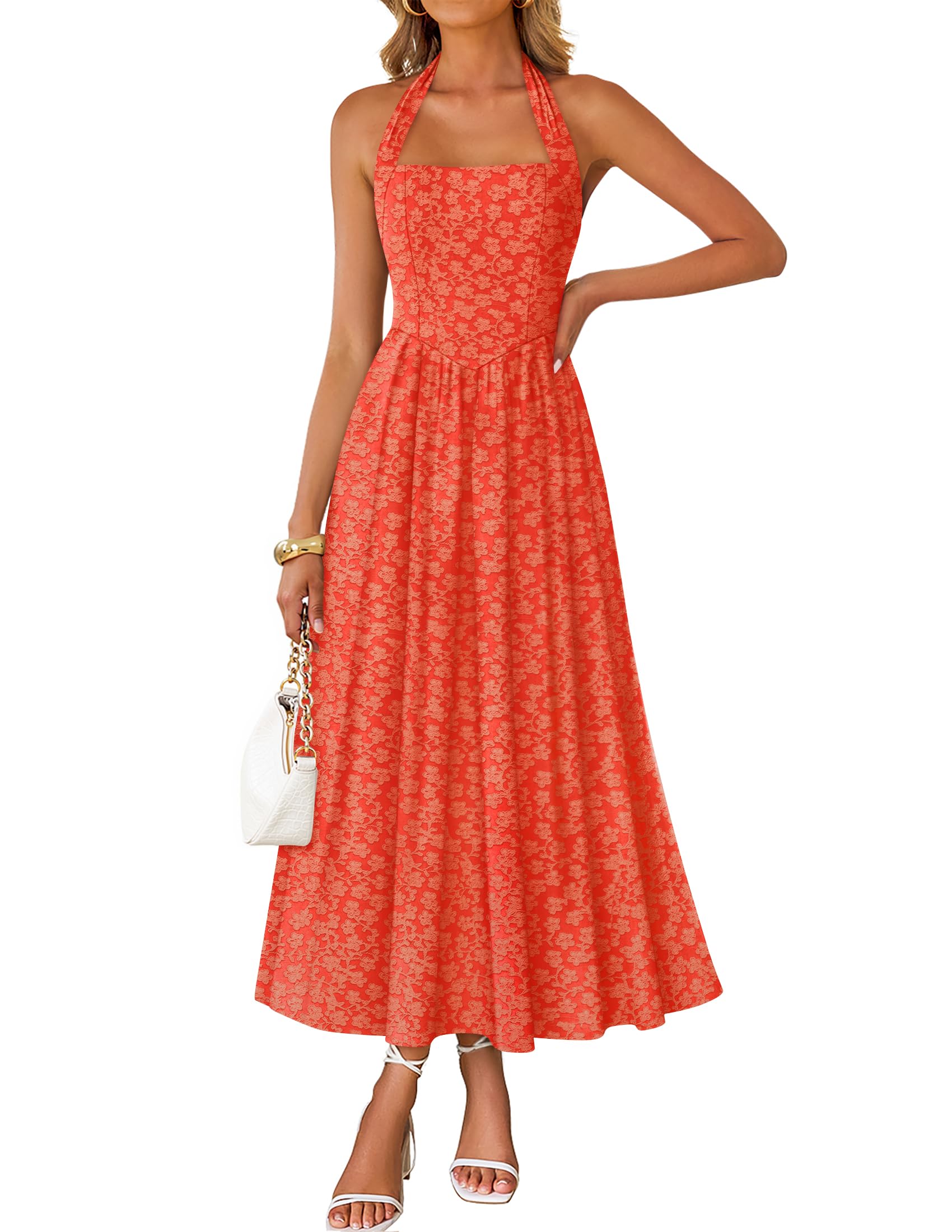 Luxuii Sleeveless Floral Halter Neck Wedding Flowy A Line Long Dress