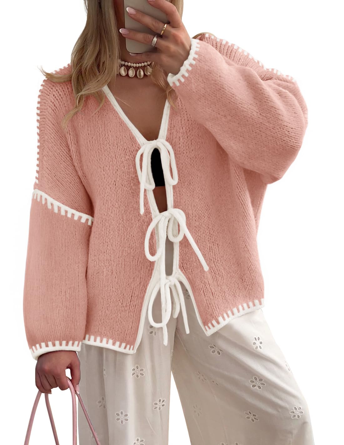 Luxuii Tie Front Bow Knit Color Block Fall Winter Clothing Coats