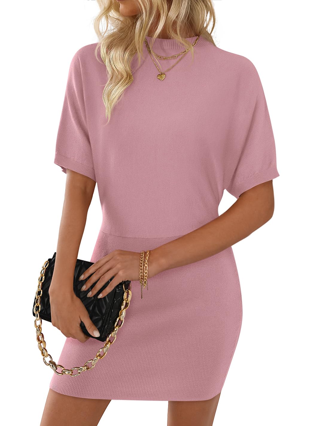 Luxuii Mock Neck Sleeve Slim Fit Ribbed Knit Short Sweater Dresses