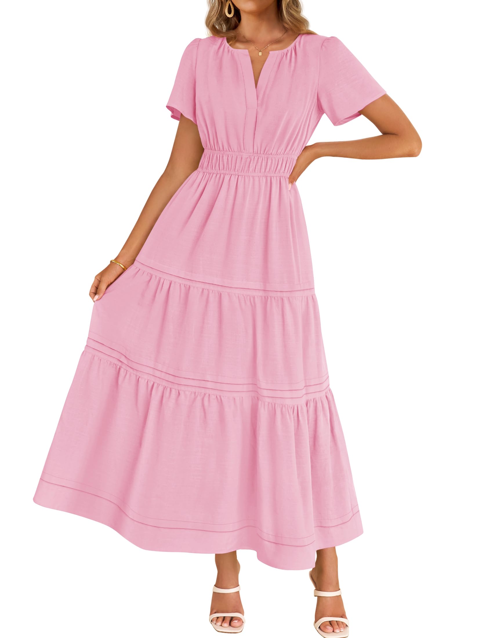 Luxuii Short Sleeve V Neck Elastic Waist Tiered Flowy Boho Dress