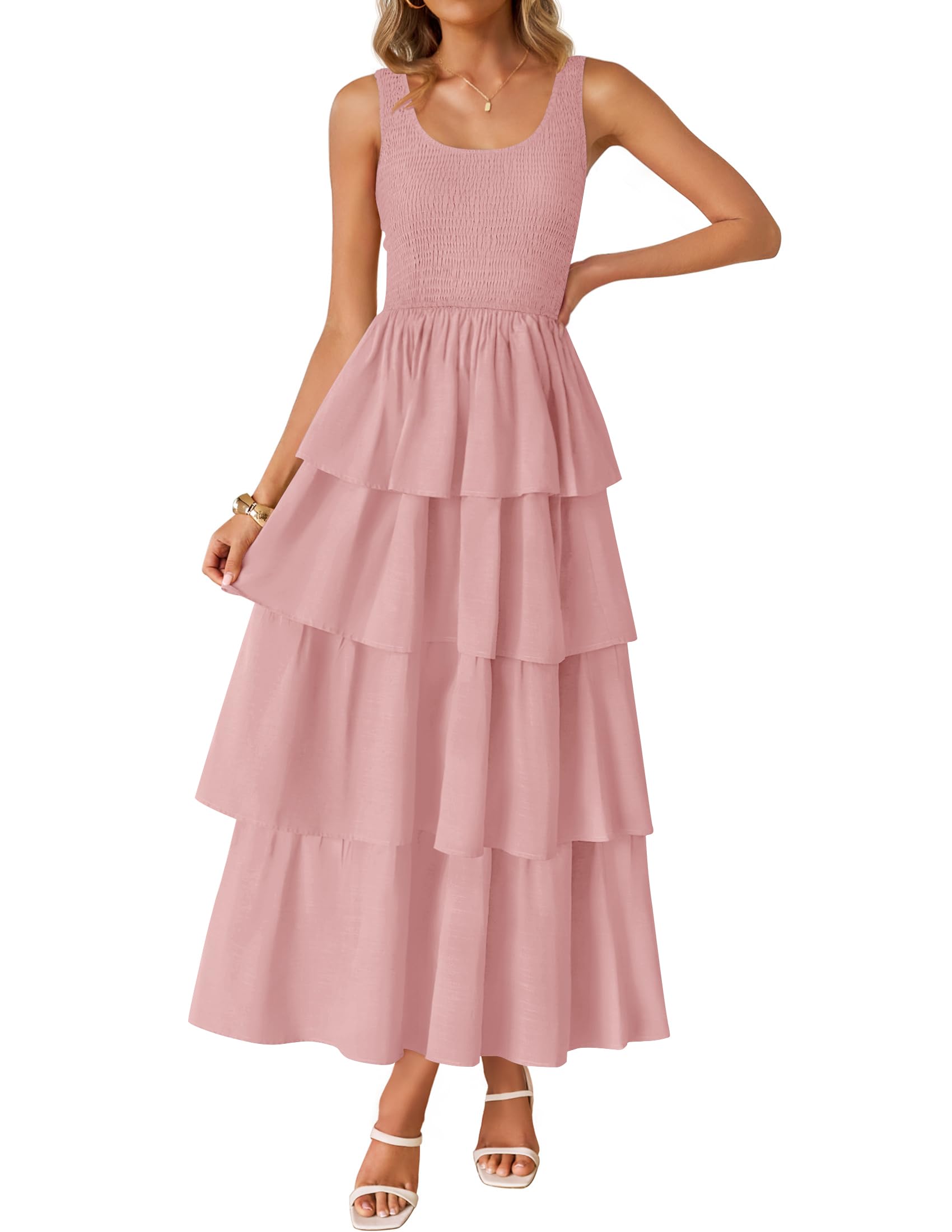 Luxuii Scoop Neck Ruffle Tiered Layered Swing Long Beach Dresses