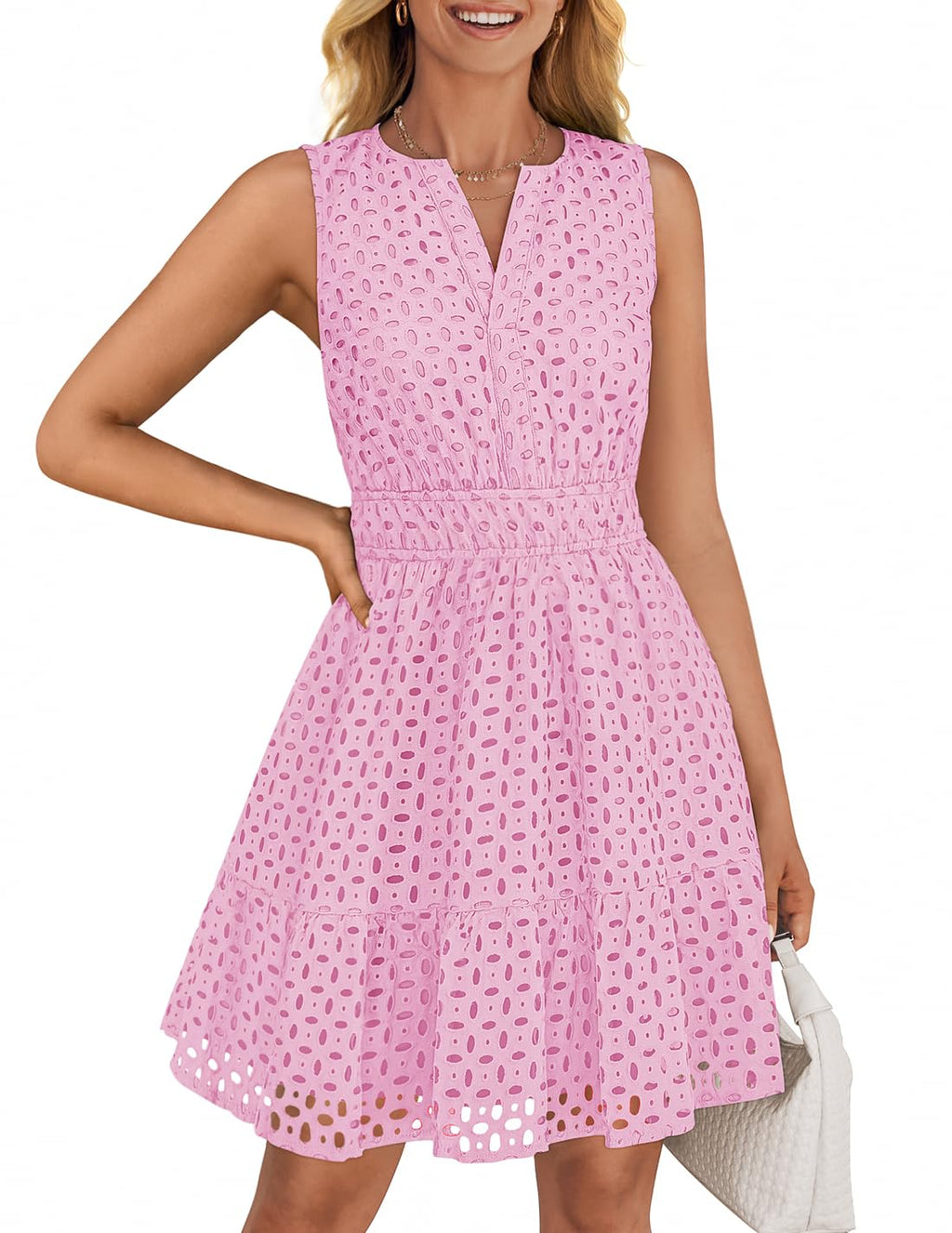 Luxuii Sleeveless V Neck Hollow Out Eyelet High Waist Dresses