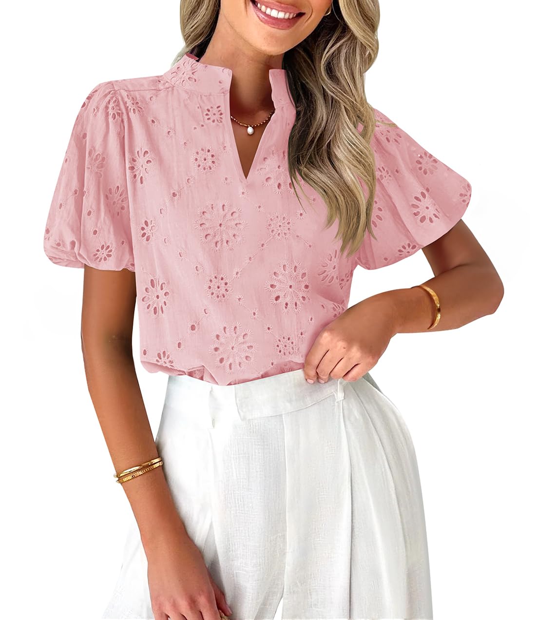 Luxuii V Neck Casual Hollow Out Lace Embroidered Blouse Tops