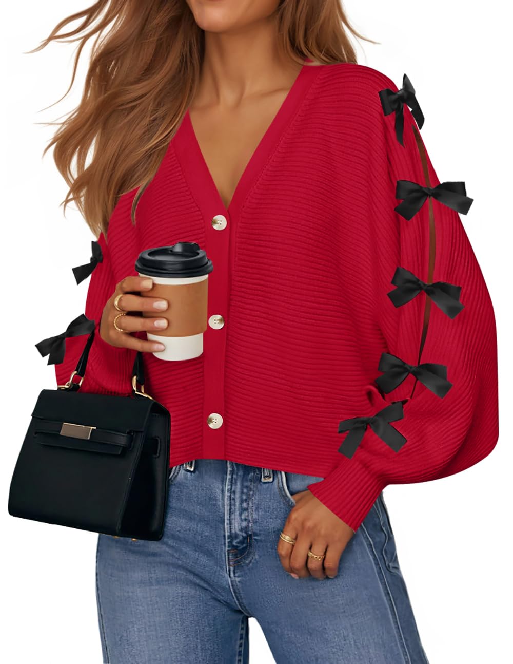 Luxuii Fall Bow Cardigans Button V Neck Knit Outerwear Coats