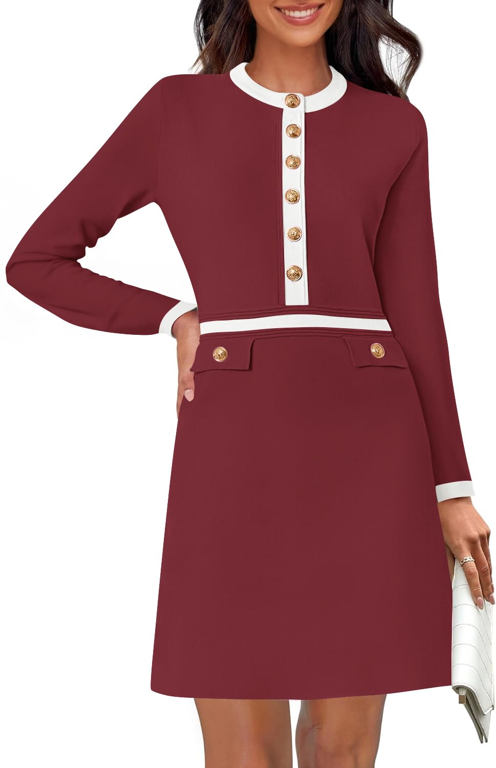 Luxuii Crewneck Button Knit Color Block Party Mini Dresses