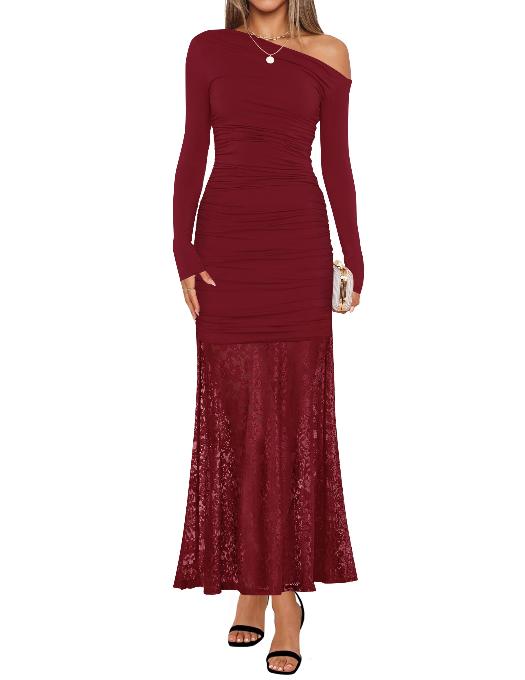 Luxuii Off Shoulder Bodycon Ruched Lace Wedding Guest Cocktail Dress