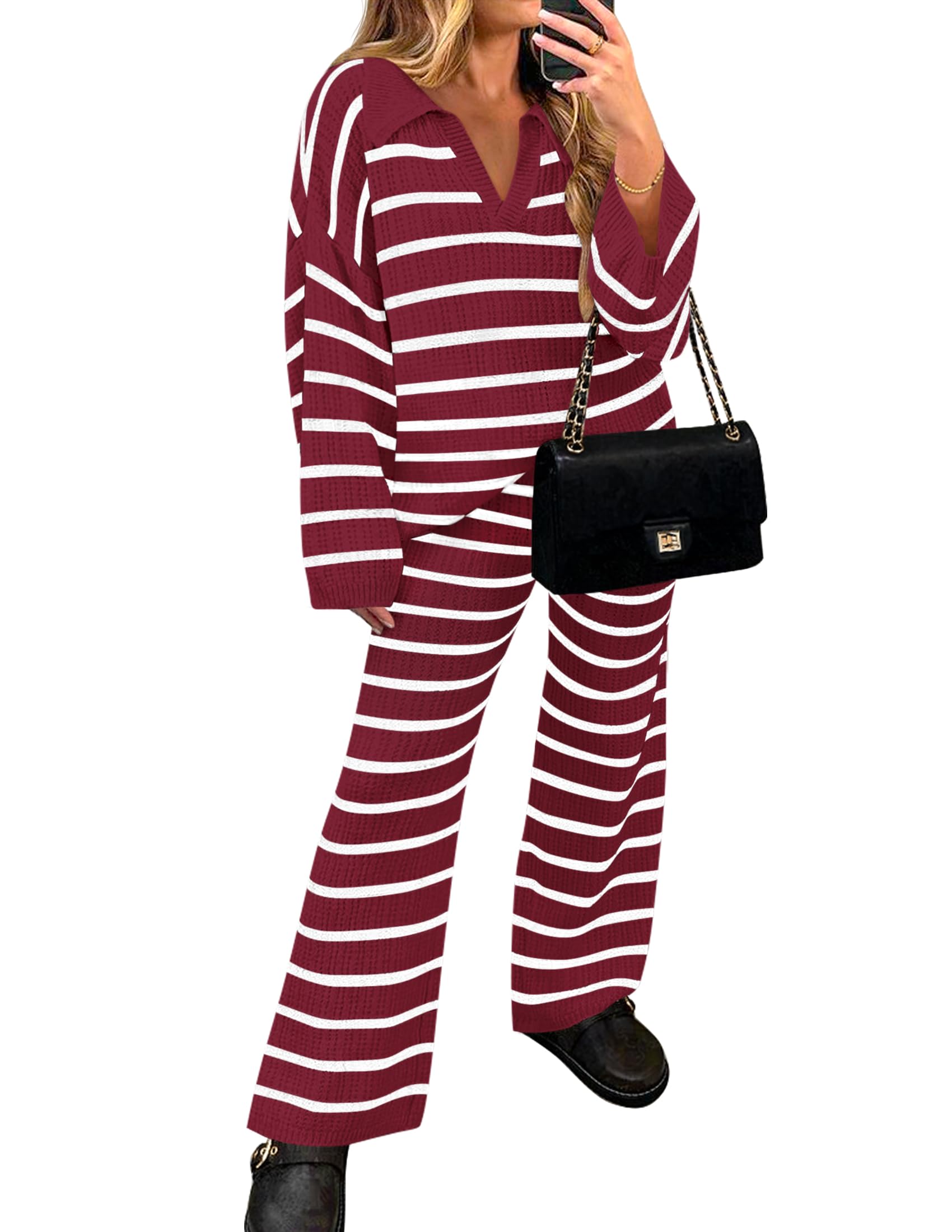 Luxuii Striped V Neck Knit Tops and Wide Leg Pants Lounge Set
