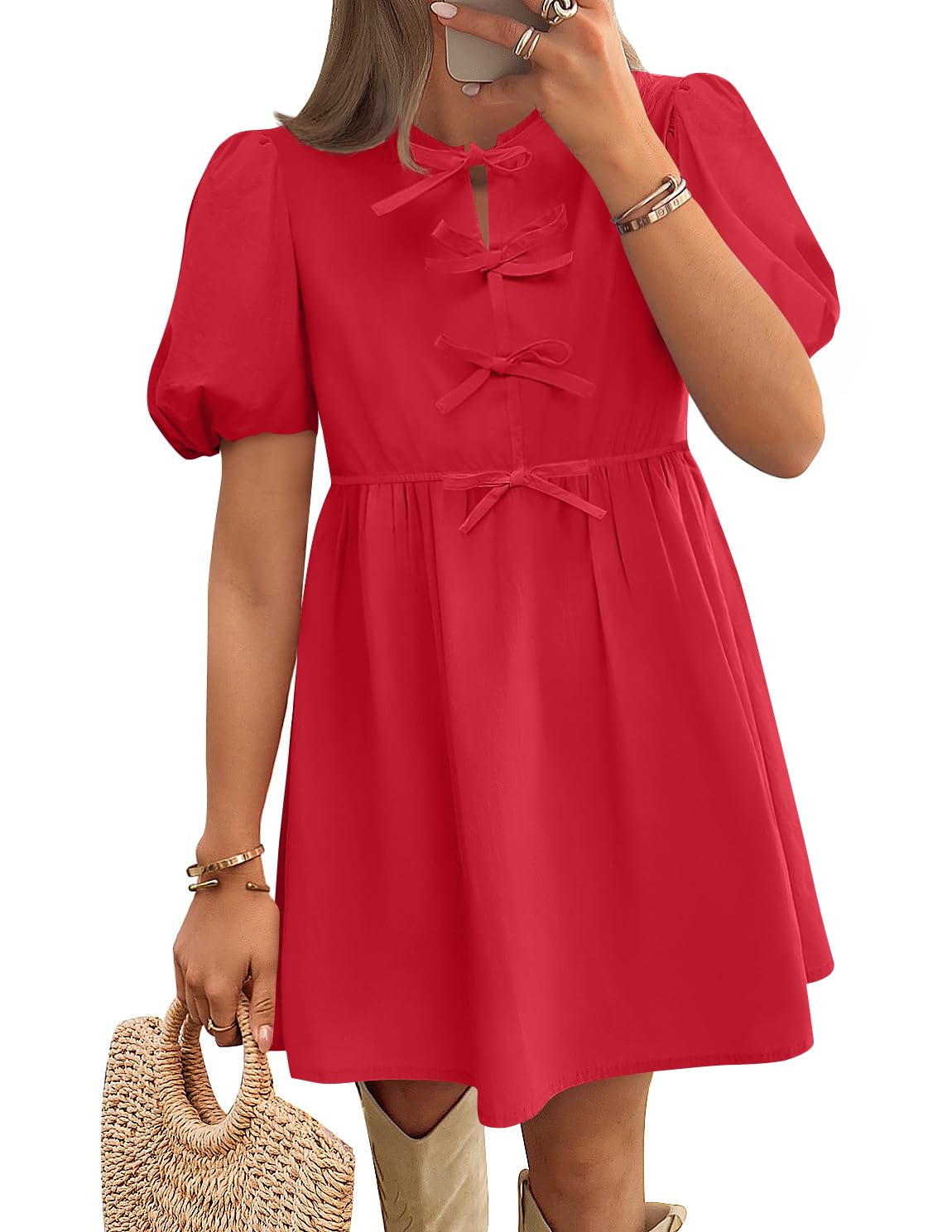 Luxuii Tie Front Cute Babydoll Ruffle Pleated Tunic Dresses