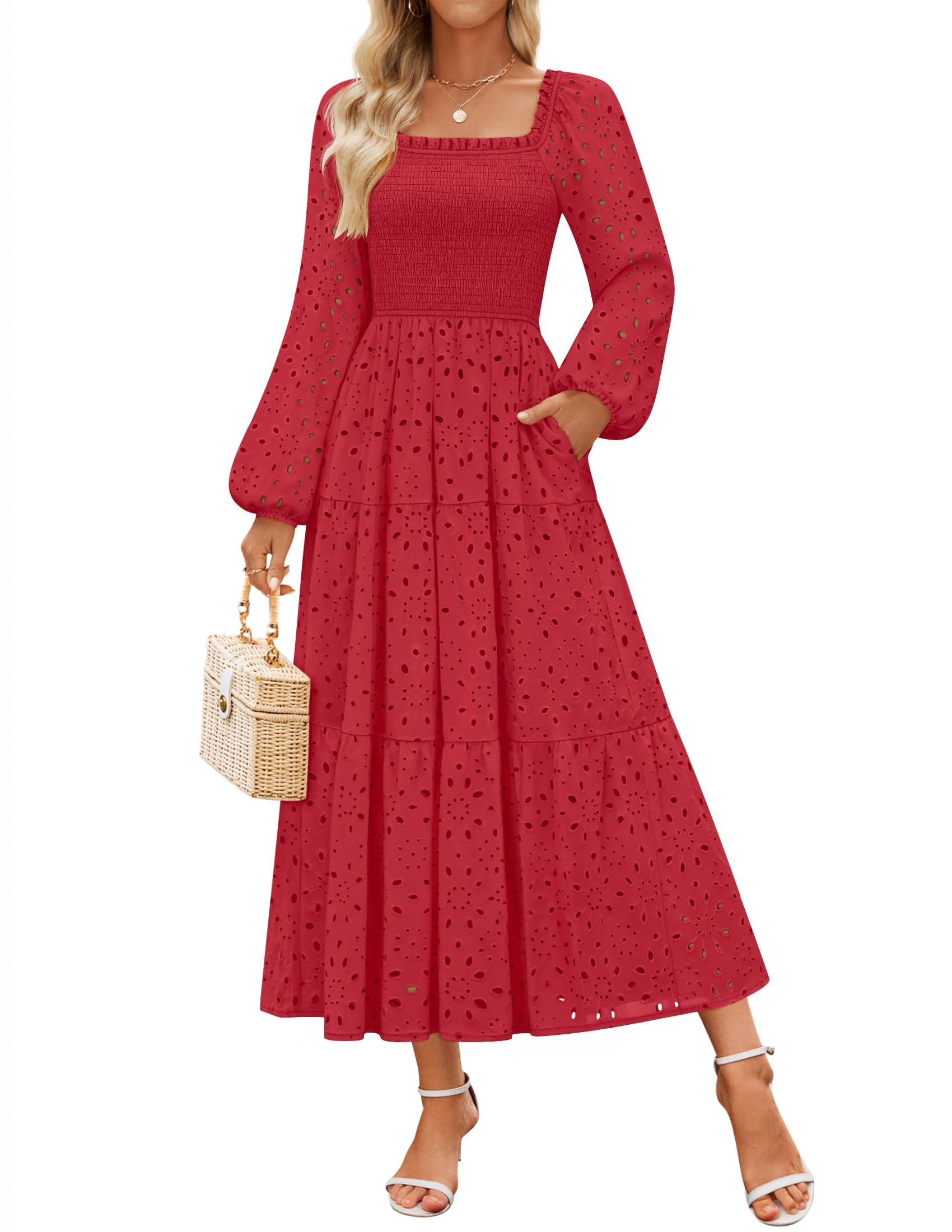 Luxuii Square Neck Hollow Out Eyelet Smocked A Line Boho Dress
