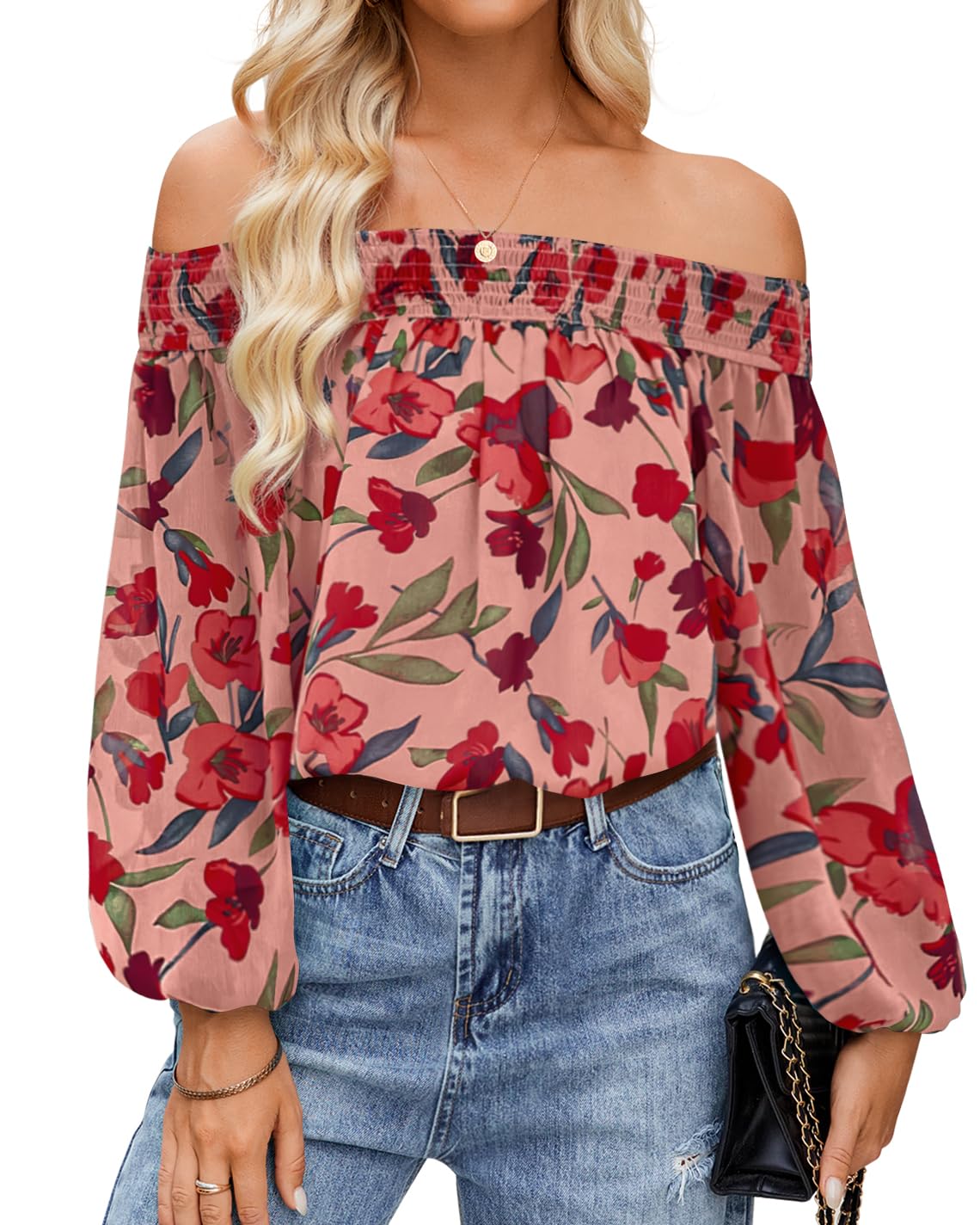 Luxuii Off Shoulder Floral Chiffon Loose Dressy Blouses