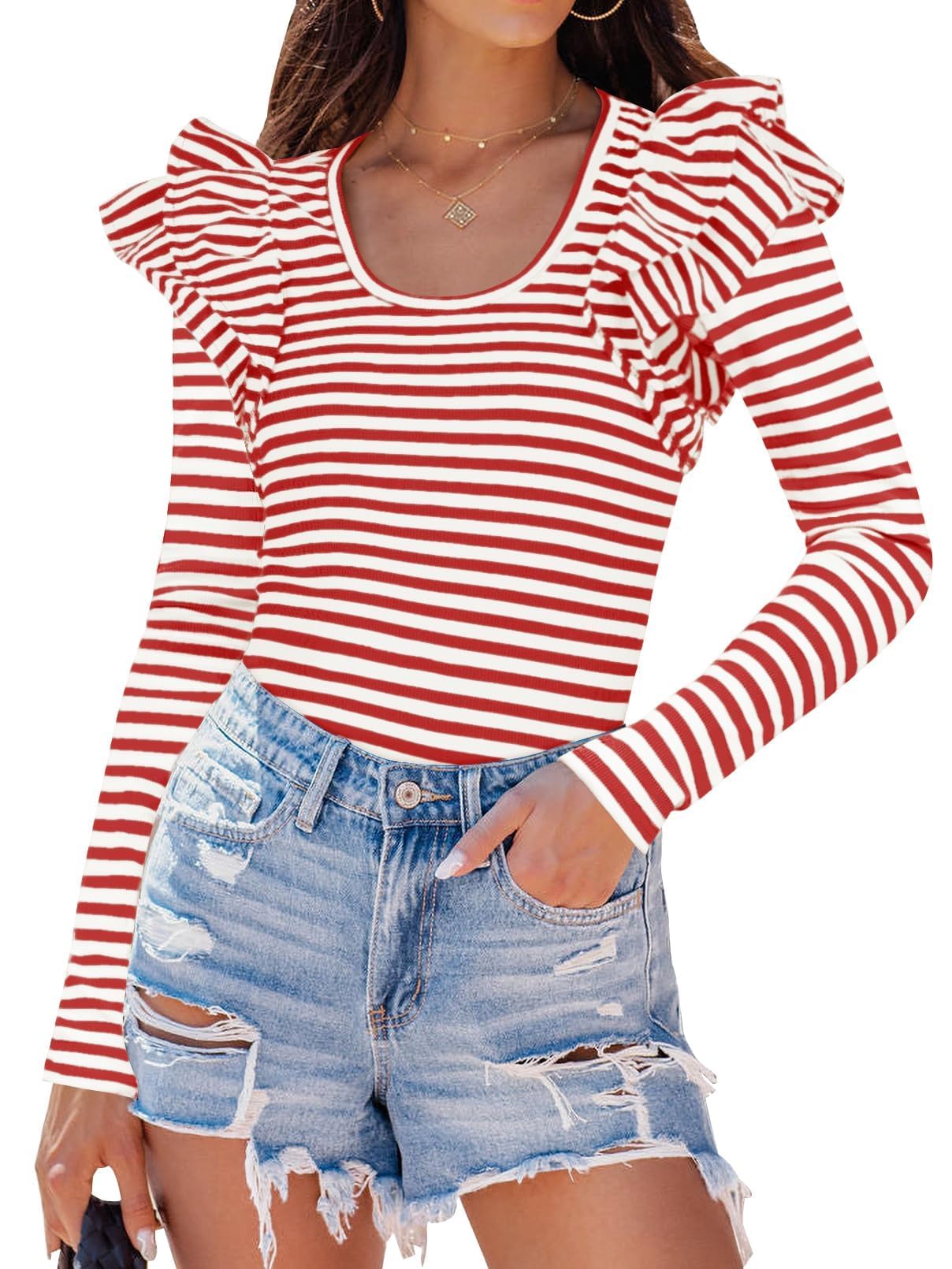 Luxuii Neck Shirt Striped Slim Fitted Casual Basic Tee Tops