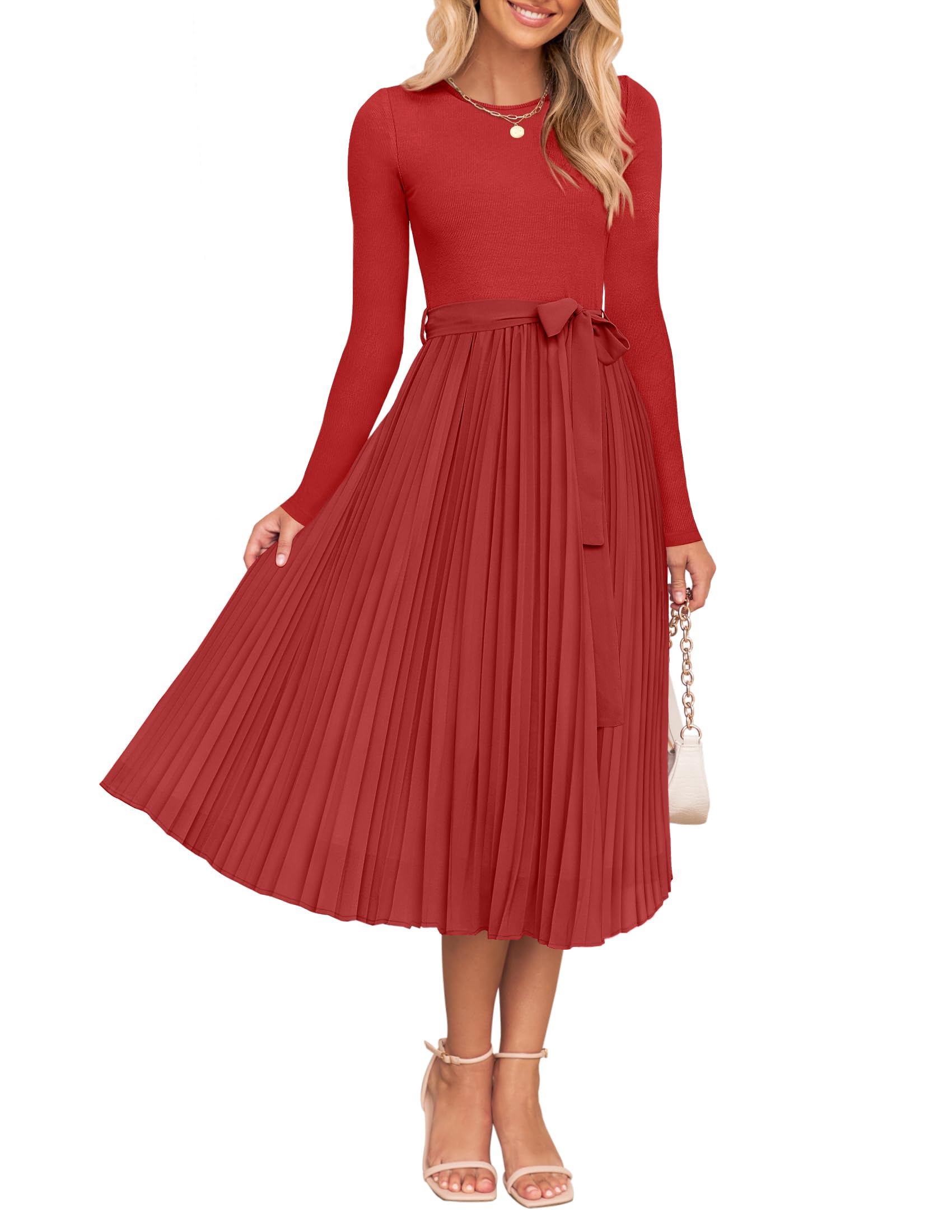 Luxuii Casual Crewneck Knit Belted Pleated A Line Flowy Sweater Dresses