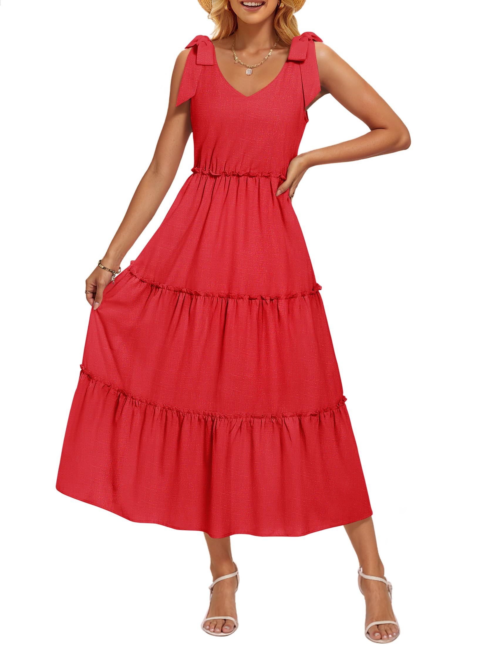 Luxuii Tie Shoulder Flowy Tiered A Line Beach Long Sundress