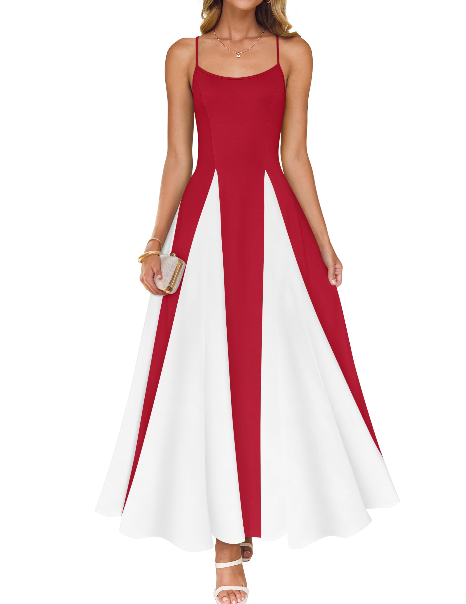 Luxuii Spaghetti Strap Sleeveless Color Block A Line Flowy Dresses