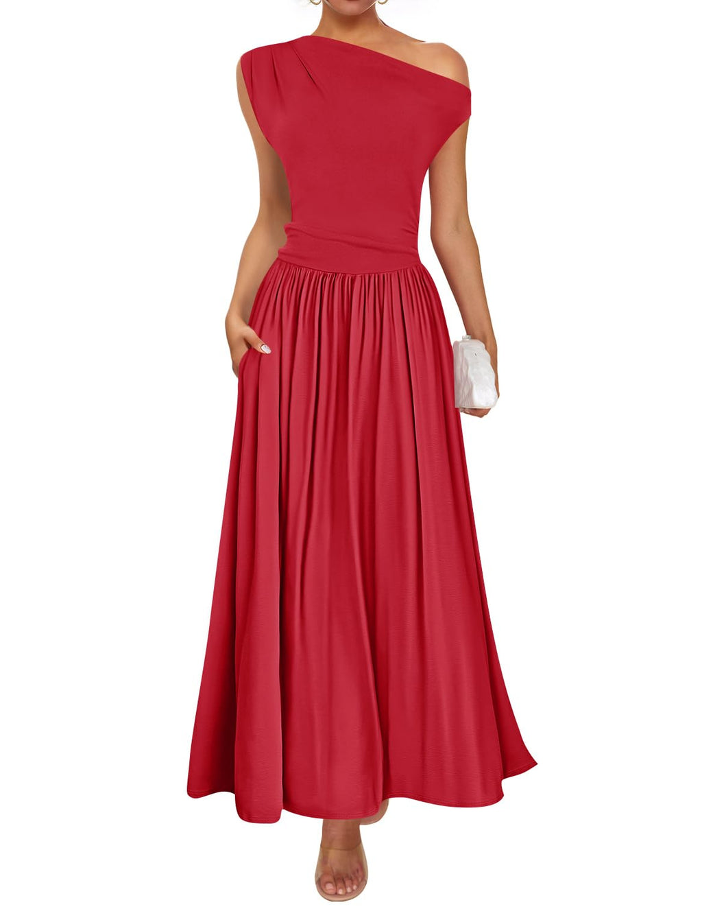 Luxuii Sleeveless One Shoulder Casual Slim Swing Pleated Dresses