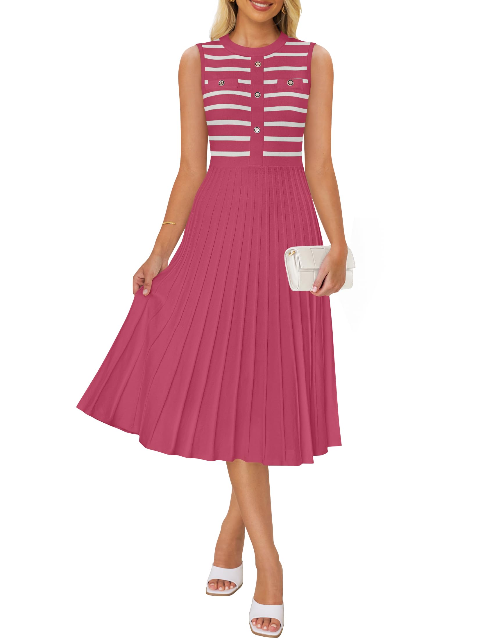 Luxuii Sleeveless Striped Crewneck Button Knit Swing Pleated Midi Dress