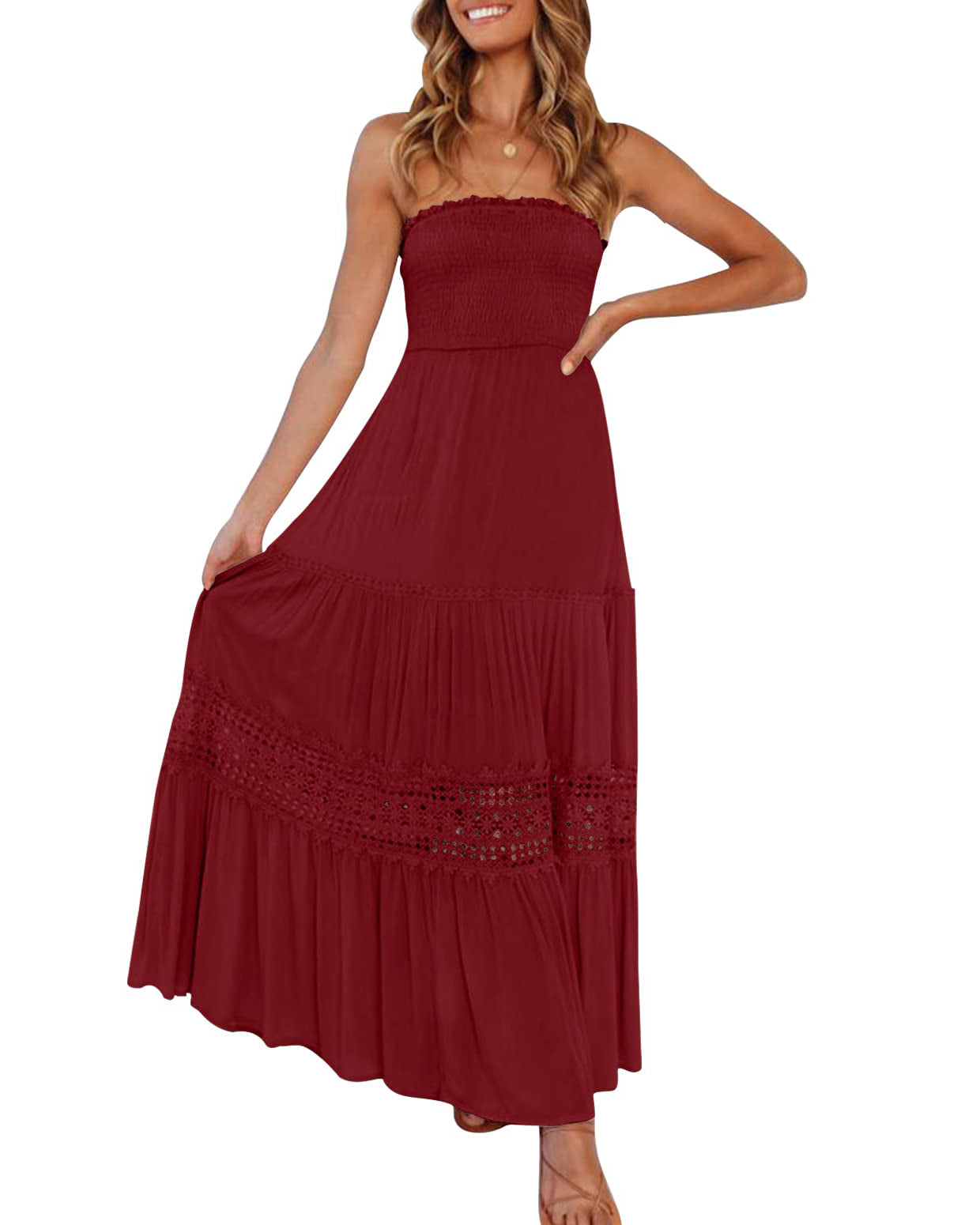 Luxuii Bohemian Strapless Lace Trim Backless Maxi Dress