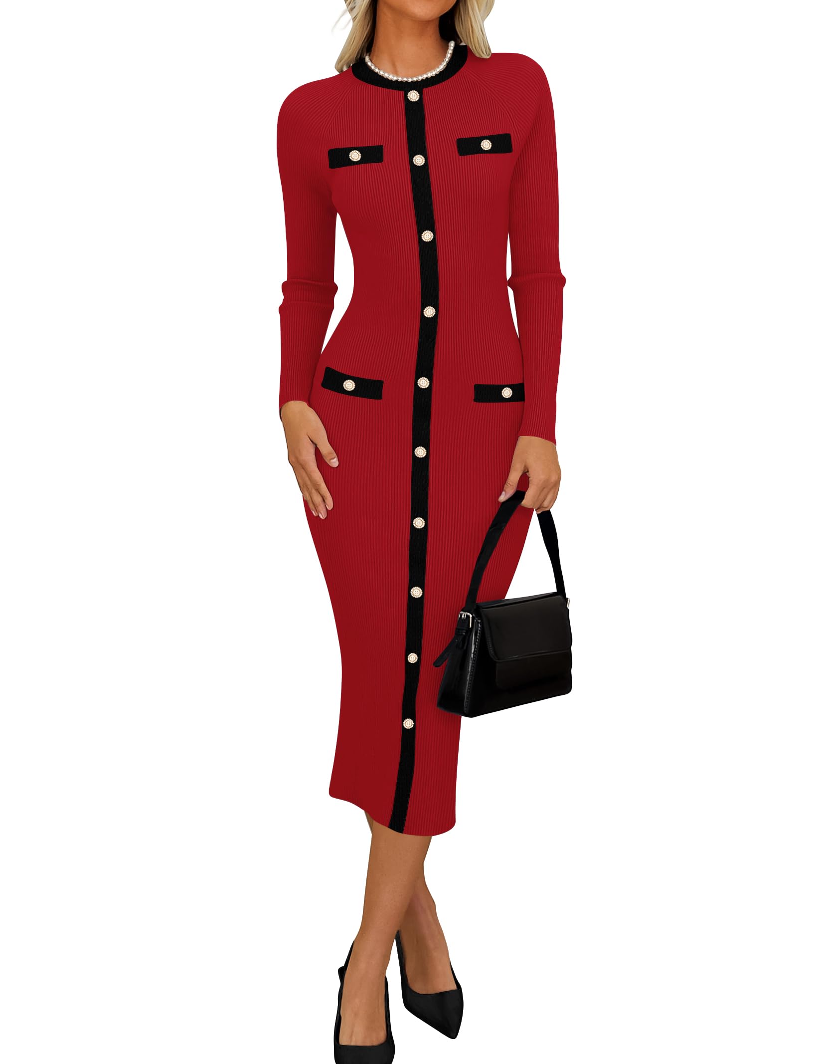 Luxuii Ribbed Crewneck Button Color Block Knit Midi Dresses